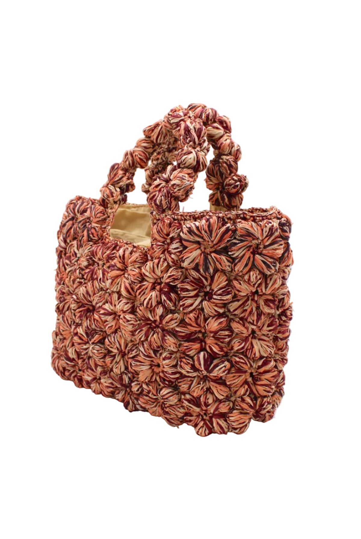 Side view Florence Umberwine Burgundy Reds Multicolor Flower Crochet Straw Basket Handbag handmade natural raffia palm fiber in a multicolor hue combination of natural straw color, umberwine burgundy/claret/bordeaux/dark/red/purple, and blush orange/pink with subtle tied flower design consisting of 88 flowers crochet together along the outside of the bag as well as the handles purse tote - Shebobo