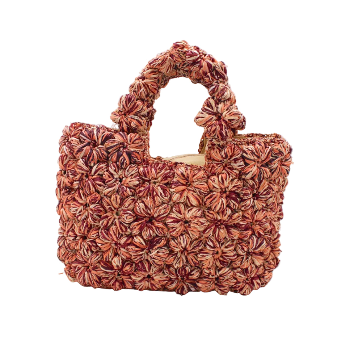 Florence Umberwine Burgundy Reds Multicolor Flower Crochet Straw Basket Handbag handmade natural raffia palm fiber in a multicolor hue combination of natural straw color, umberwine burgundy/claret/bordeaux/dark/red/purple, and blush orange/pink with subtle tied flower design consisting of 88 flowers crochet together along the outside of the bag as well as the handles purse tote - Shebobo