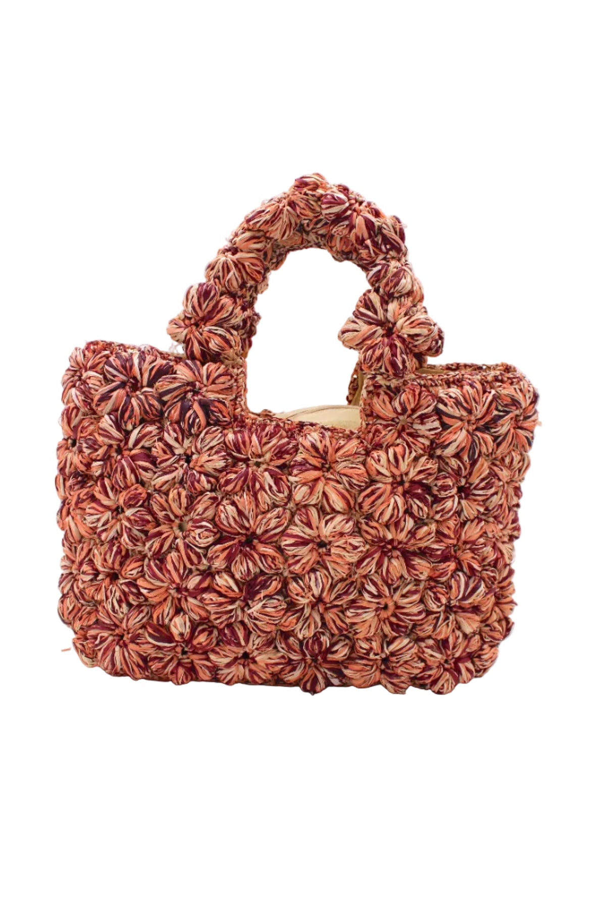 Florence Umberwine Burgundy Reds Multicolor Flower Crochet Straw Basket Handbag handmade natural raffia palm fiber in a multicolor hue combination of natural straw color, umberwine burgundy/claret/bordeaux/dark/red/purple, and blush orange/pink with subtle tied flower design consisting of 88 flowers crochet together along the outside of the bag as well as the handles purse tote - Shebobo