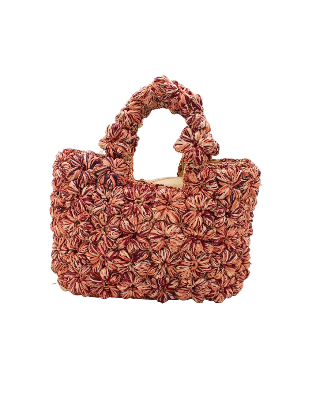 Florence Umberwine Burgundy Reds Multicolor Flower Crochet Straw Basket Handbag handmade natural raffia palm fiber in a multicolor hue combination of natural straw color, umberwine burgundy/claret/bordeaux/dark/red/purple, and blush orange/pink with subtle tied flower design consisting of 88 flowers crochet together along the outside of the bag as well as the handles purse tote - Shebobo