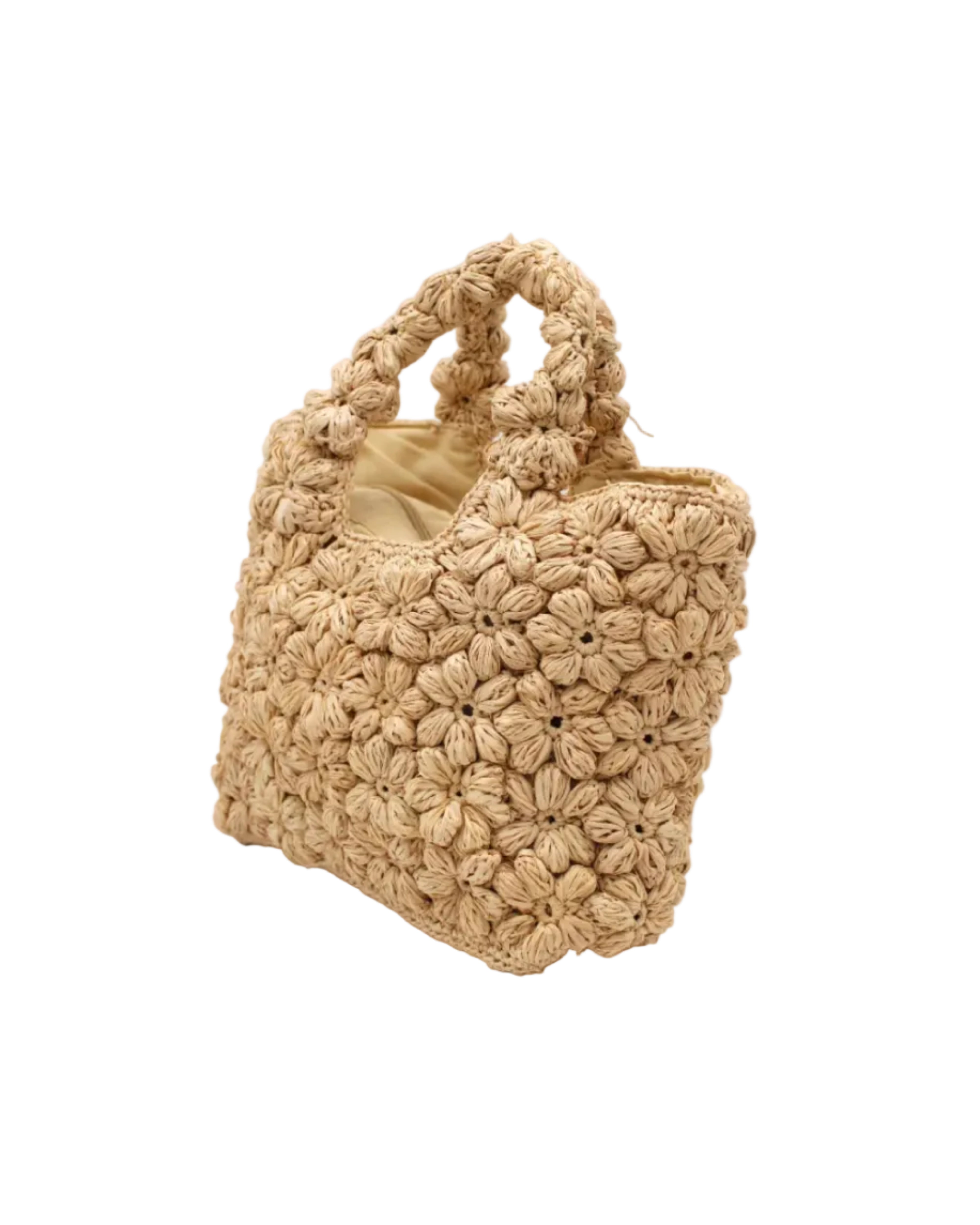 Side view Florence Flower Crochet Straw Basket Handbag handmade natural raffia palm fiber in a solid hue of natural straw color with subtle tied flower design consisting of 88 flowers crochet together along the outside of the bag as well as the handles purse tote - Shebobo