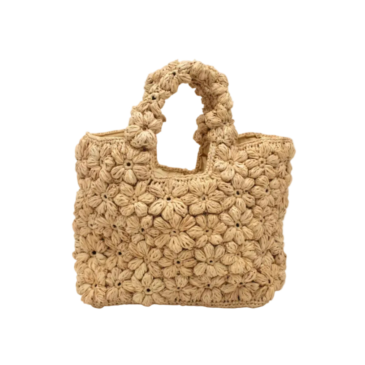 Florence Flower Crochet Straw Basket Handbag handmade natural raffia palm fiber in a solid hue of natural straw color with subtle tied flower design consisting of 88 flowers crochet together along the outside of the bag as well as the handles purse tote - Shebobo