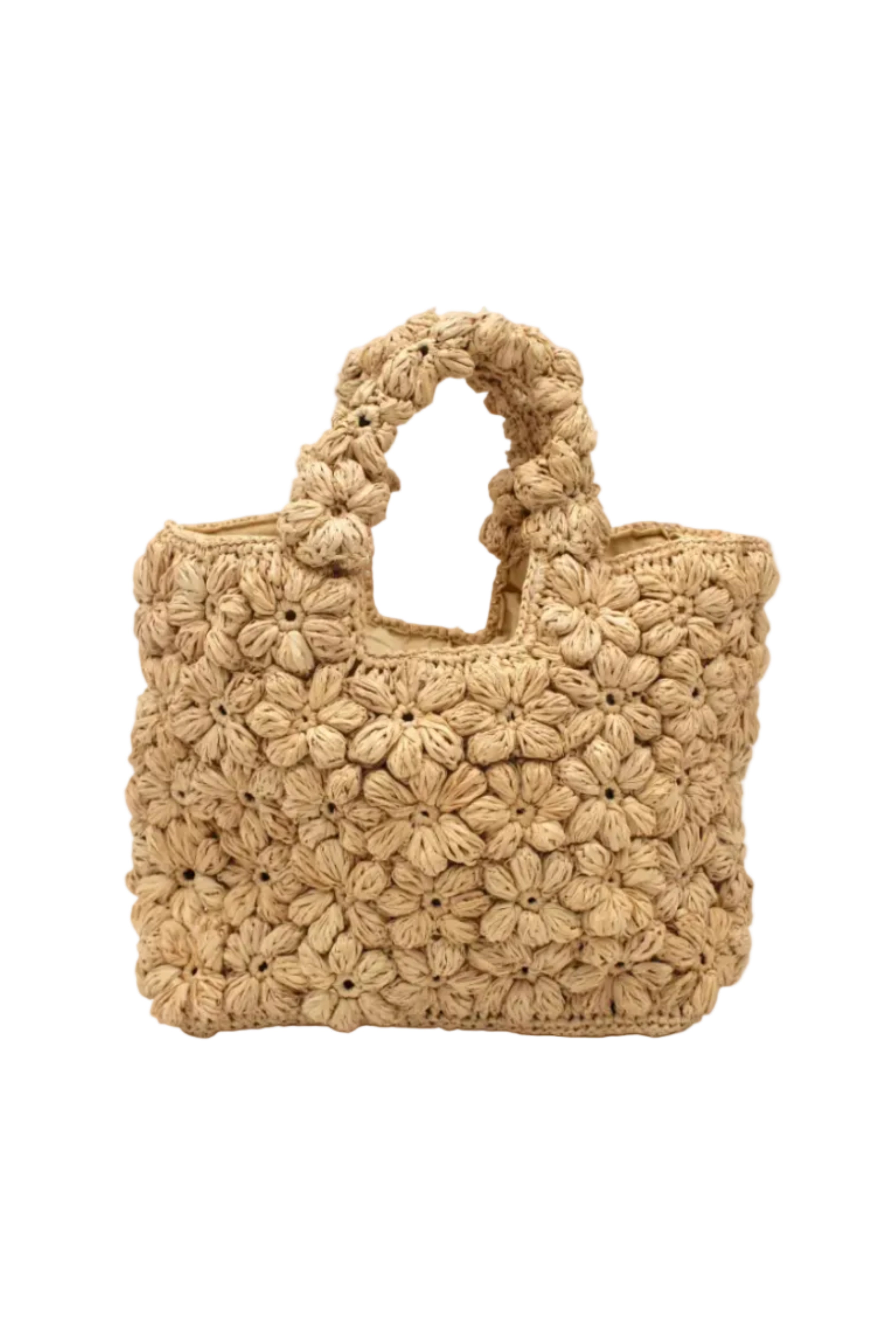 Florence Flower Crochet Straw Basket Handbag handmade natural raffia palm fiber in a solid hue of natural straw color with subtle tied flower design consisting of 88 flowers crochet together along the outside of the bag as well as the handles purse tote - Shebobo