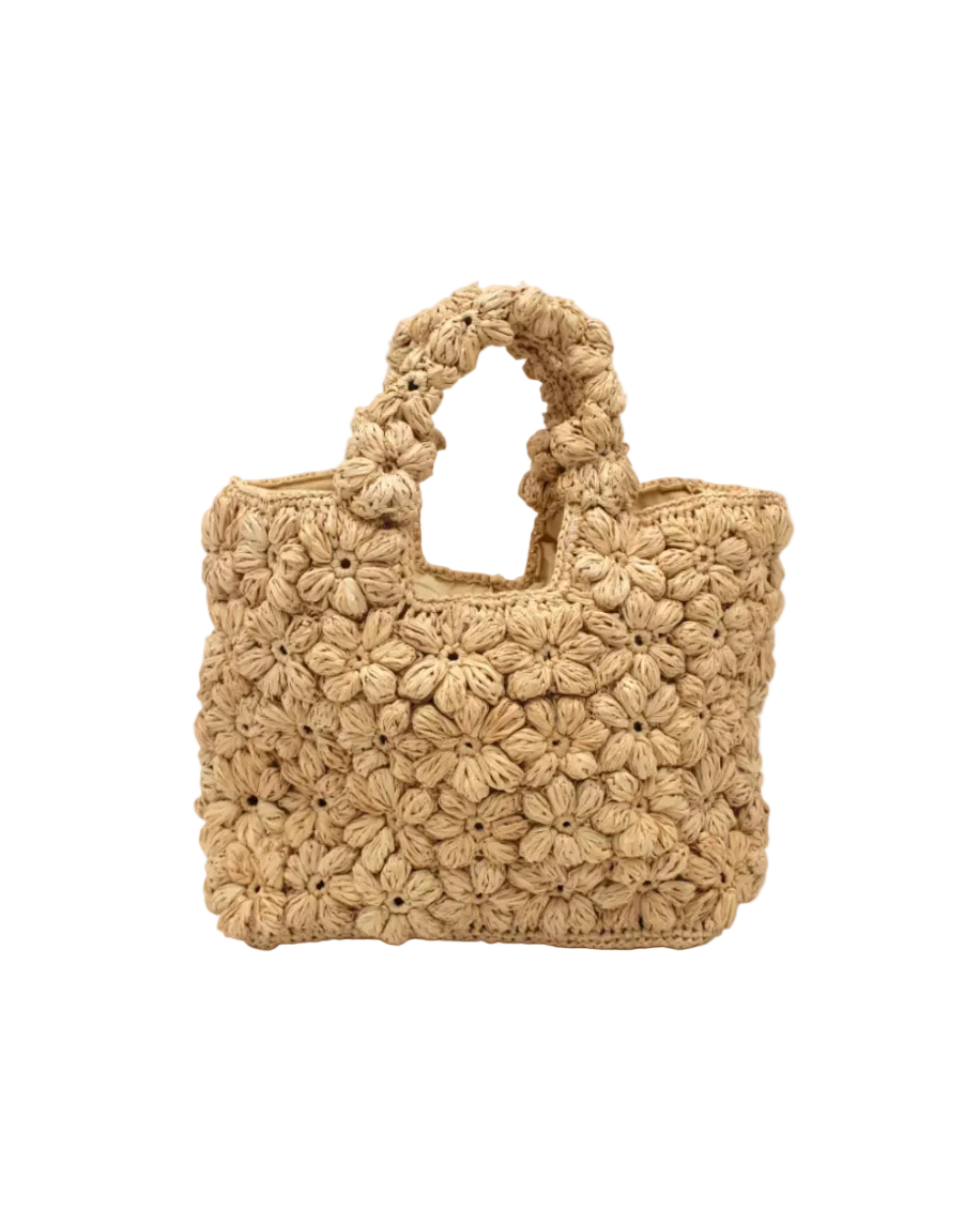 Florence Flower Crochet Straw Basket Handbag handmade natural raffia palm fiber in a solid hue of natural straw color with subtle tied flower design consisting of 88 flowers crochet together along the outside of the bag as well as the handles purse tote - Shebobo
