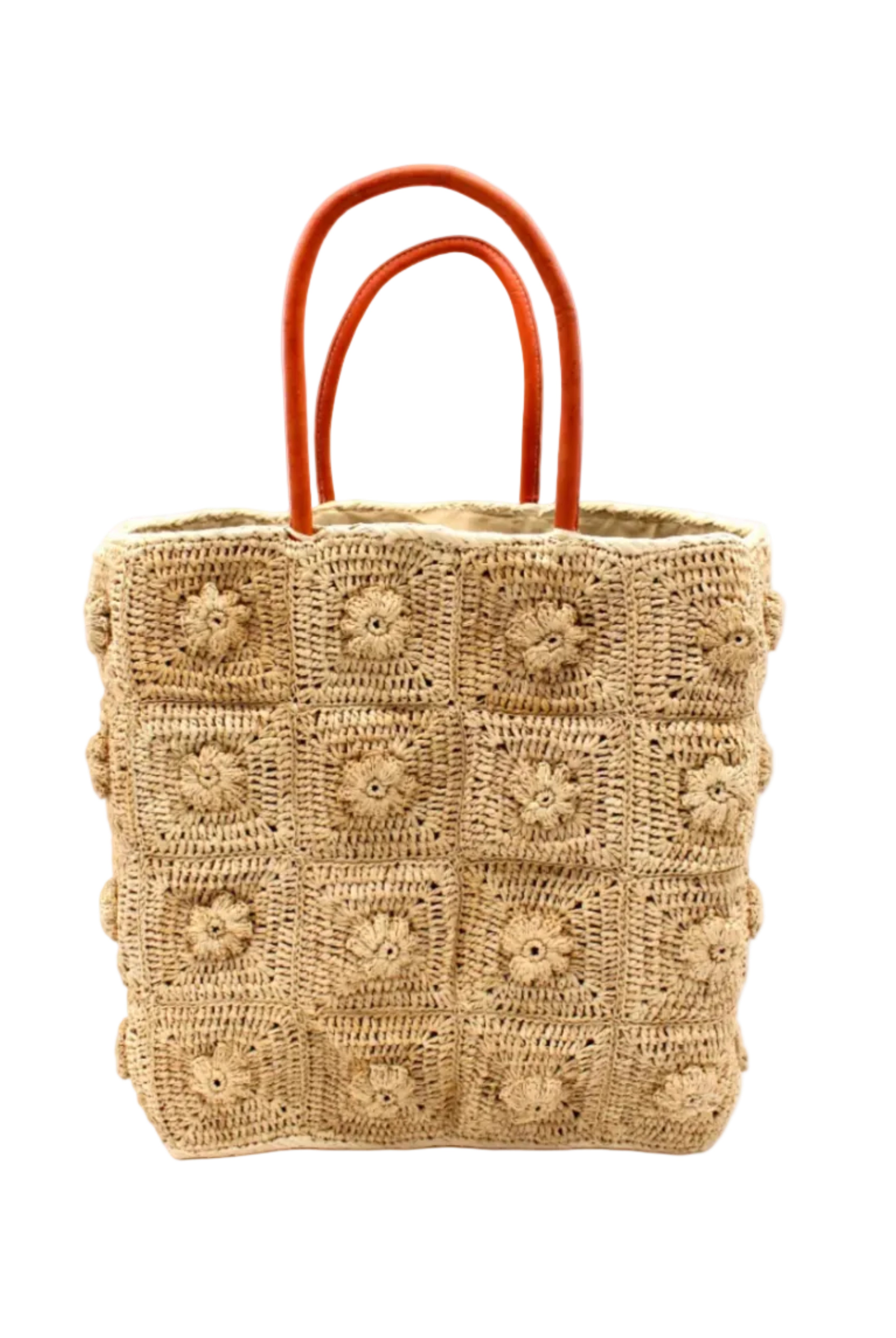 Flower Power Natural Crochet Straw Basket Bag handmade from natural raffia palm fiber in a granny square geometric floral pattern with petite flower detailing per square, crochet textile in a natural straw color with leather handles handbag purse - Shebobo