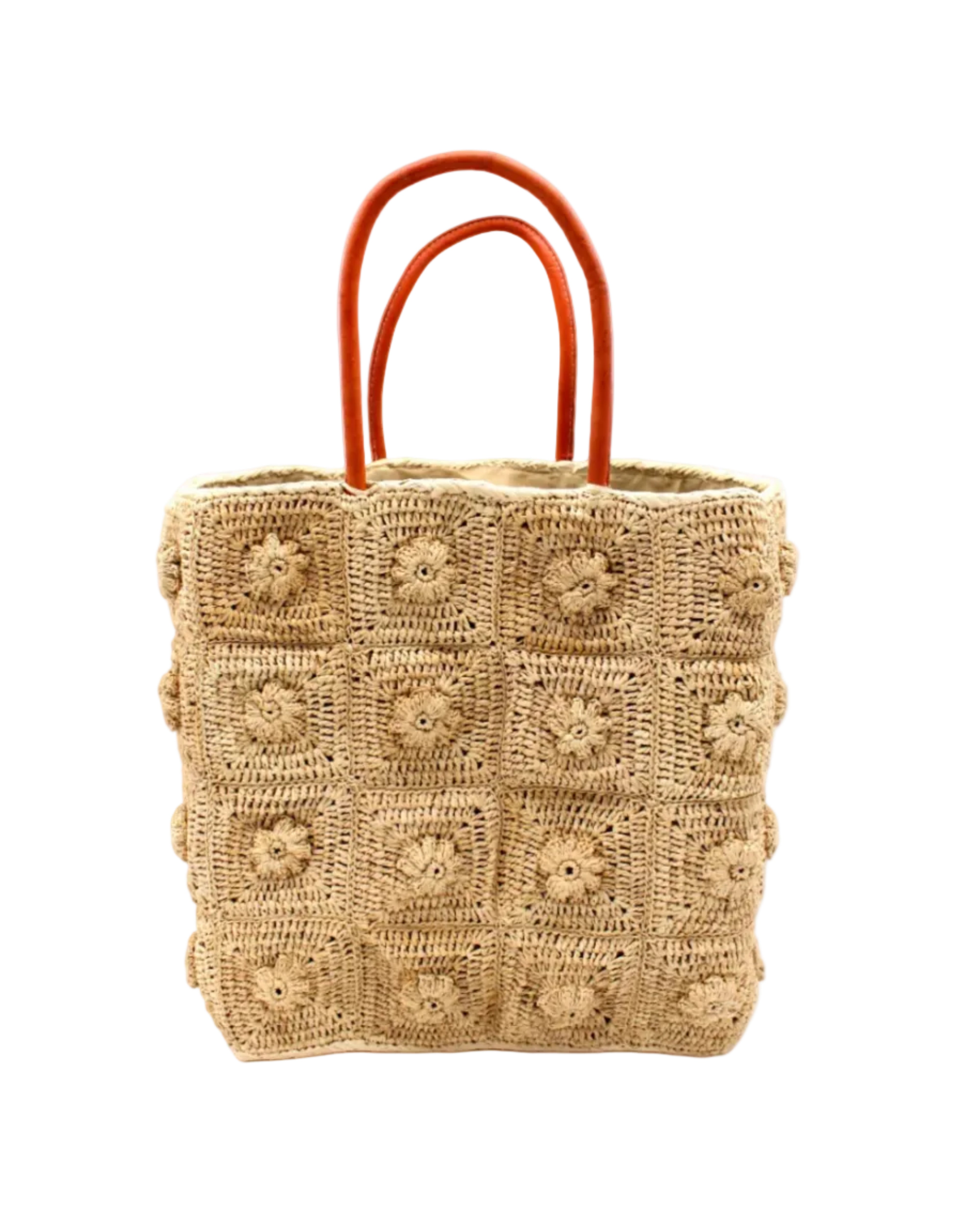 Flower Power Natural Crochet Straw Basket Bag handmade from natural raffia palm fiber in a granny square geometric floral pattern with petite flower detailing per square, crochet textile in a natural straw color with leather handles handbag purse - Shebobo