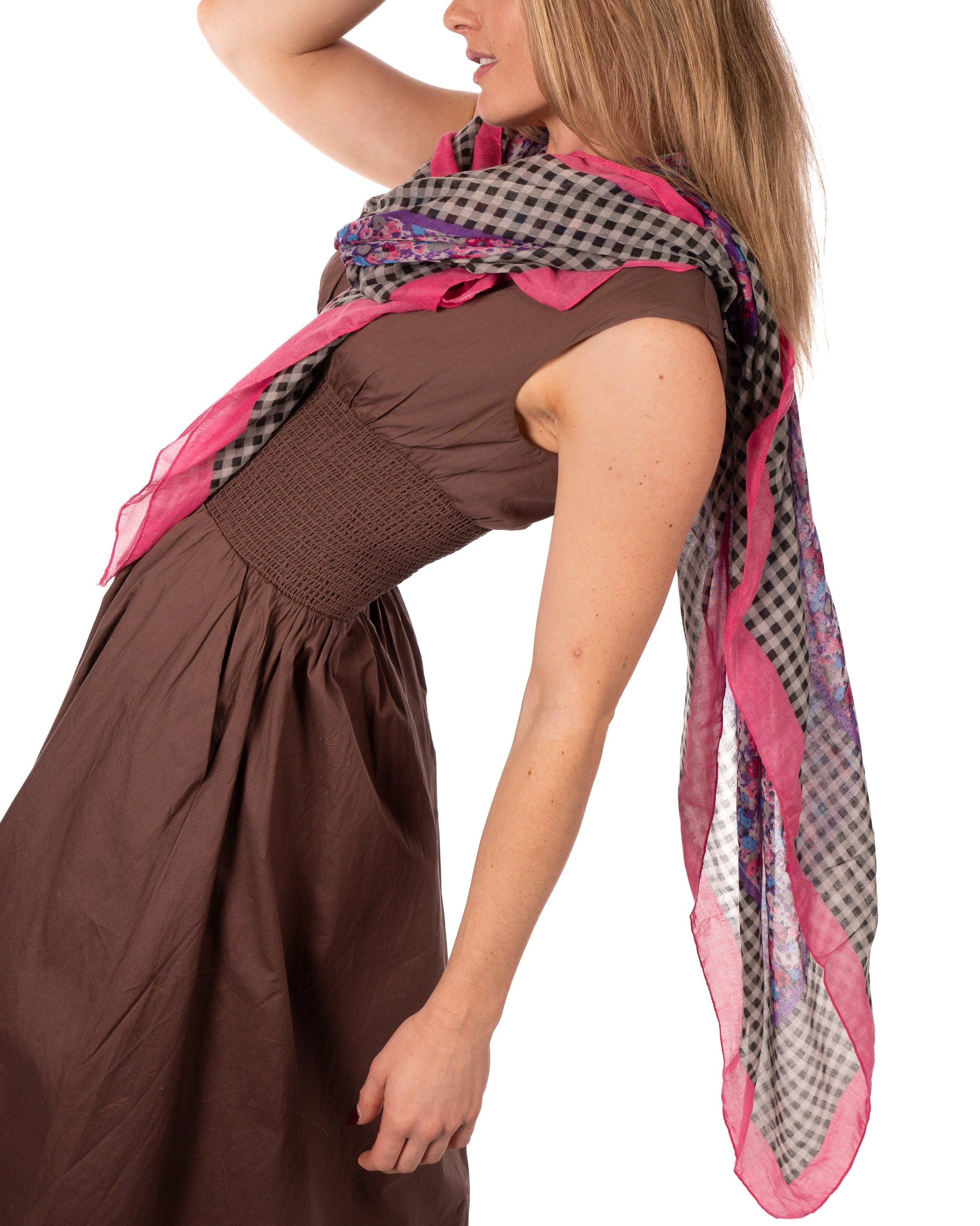 Model wearing French Country Floral and Gingham Scarf Wrap Fuchsia Pink Multicolor Floral pattern inside a black and white checked gingham plaid with colored edge - Shebobo