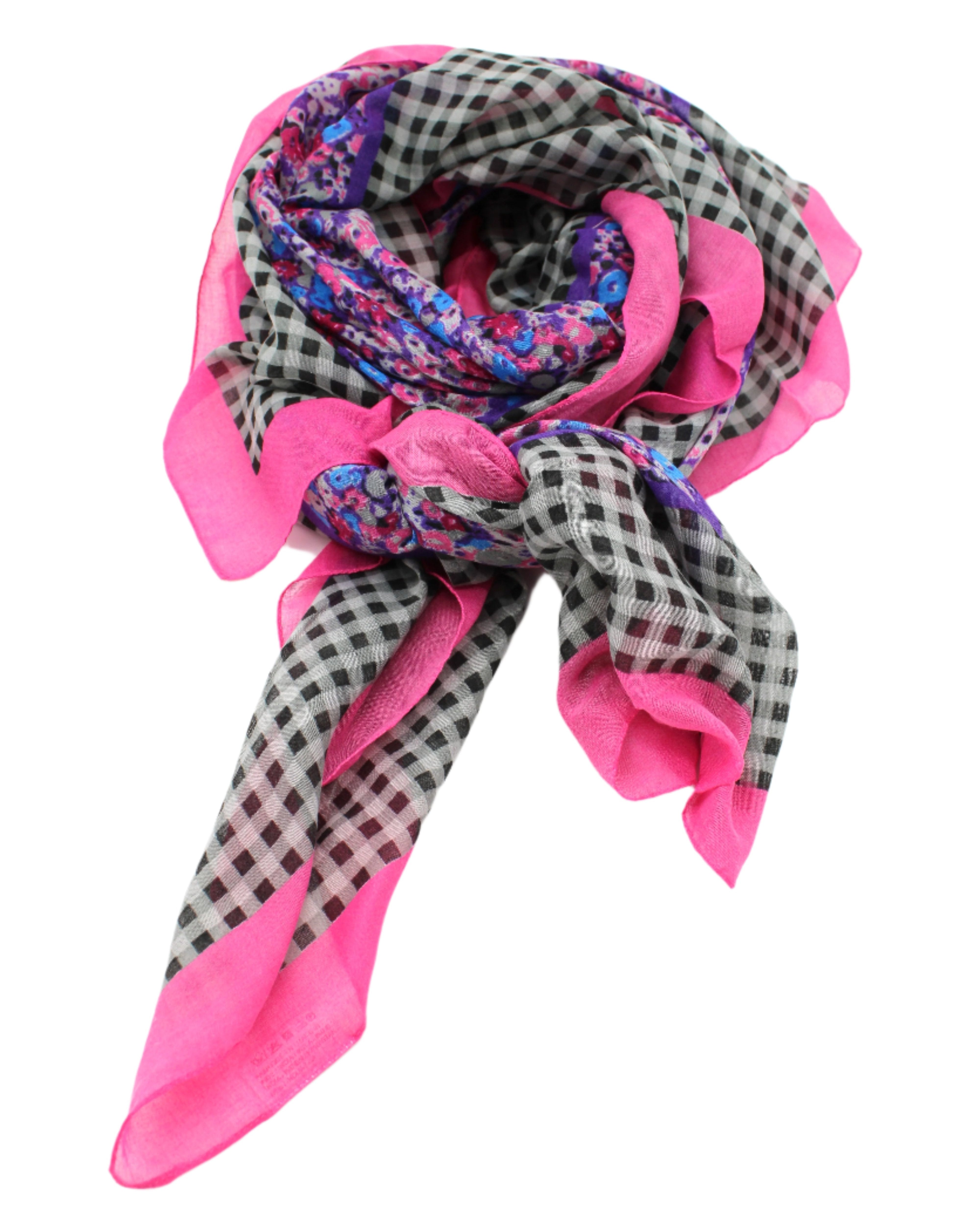 French Country Floral and Gingham Scarf Wrap Fuchsia Pink Multicolor Floral pattern inside a black and white checked gingham plaid with colored edge - Shebobo
