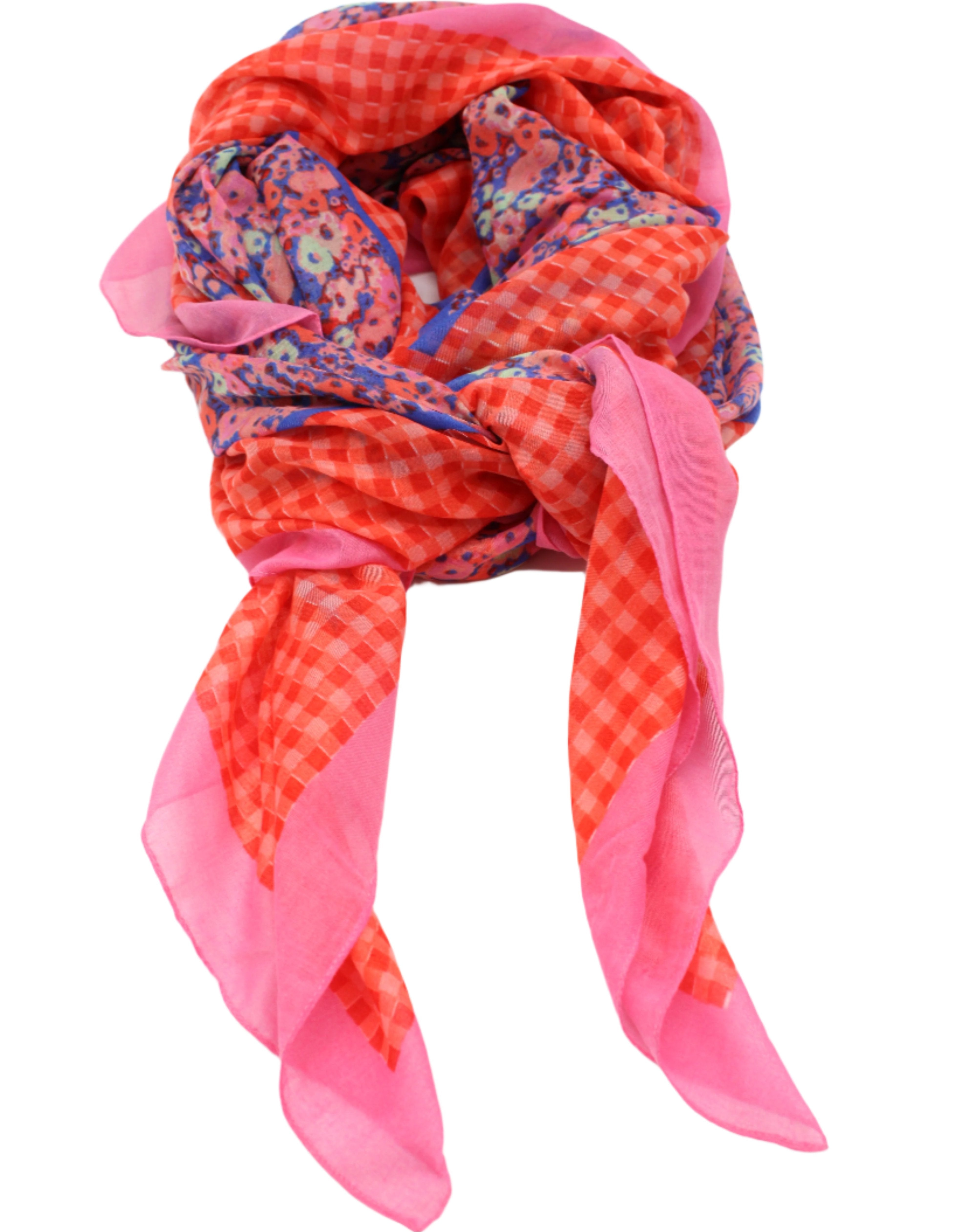 French Country Floral and Gingham Scarf Wrap Pink Multicolor Floral pattern inside a orange and pink checked gingham plaid with colored edge - Shebobo