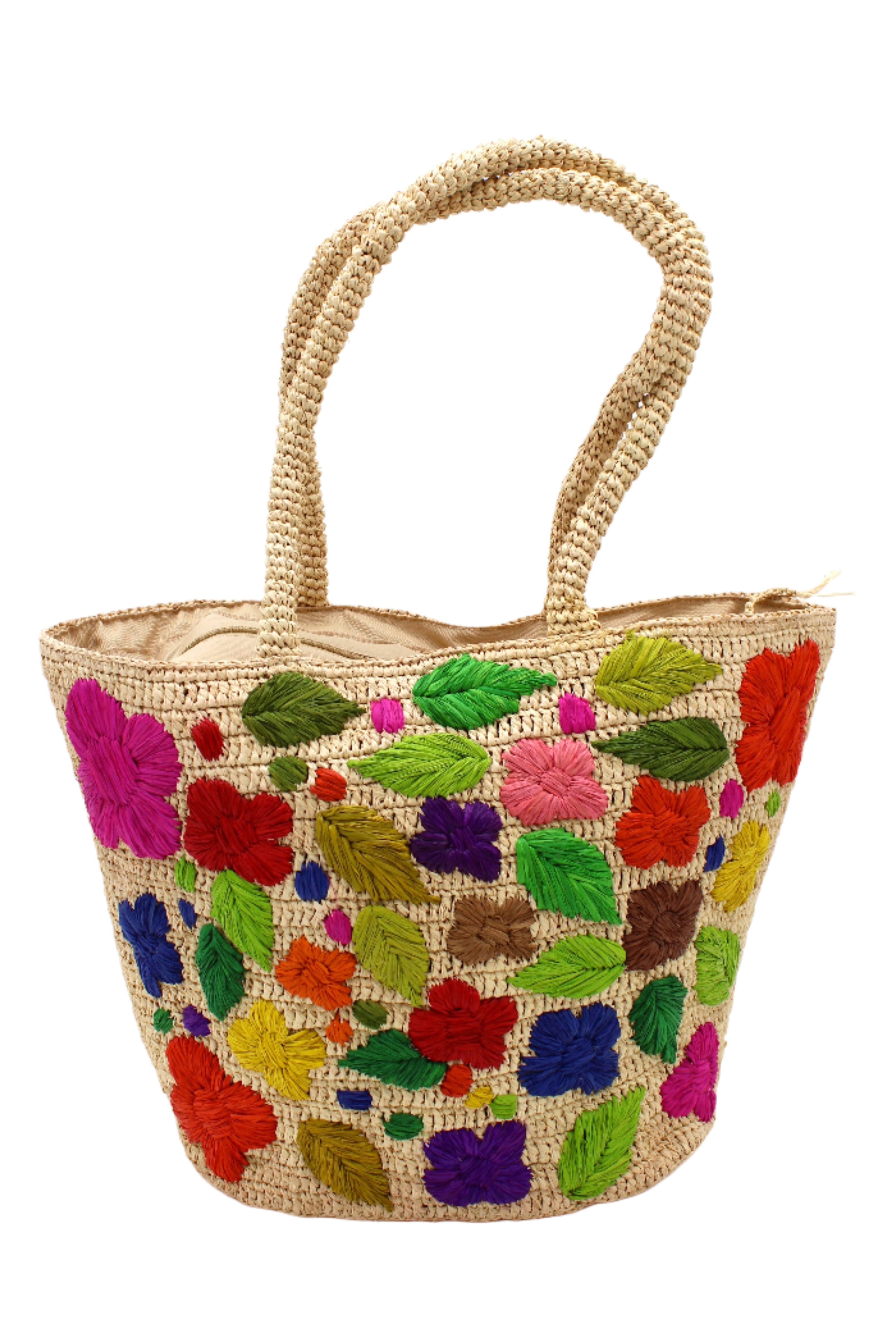 Full Bloom Crochet Straw Handbag with Embroidered Flowers handmade natural raffia palm fiber in a solid hue of natural straw color with subtle horizontal banded link texture and multicolor embroidered detailing in fuchsia hot/bright/barbie/pink, light pink, red, coral orange/red, orange, dark chocolate brown, cinnamon/tobacco/dark/brown, dusk navy/dark/blue, green, olive green, lime green, yellow, purple, etc. colored flowers, leaves and dots embellishment tote beach bag purse with crochet handles - Shebobo