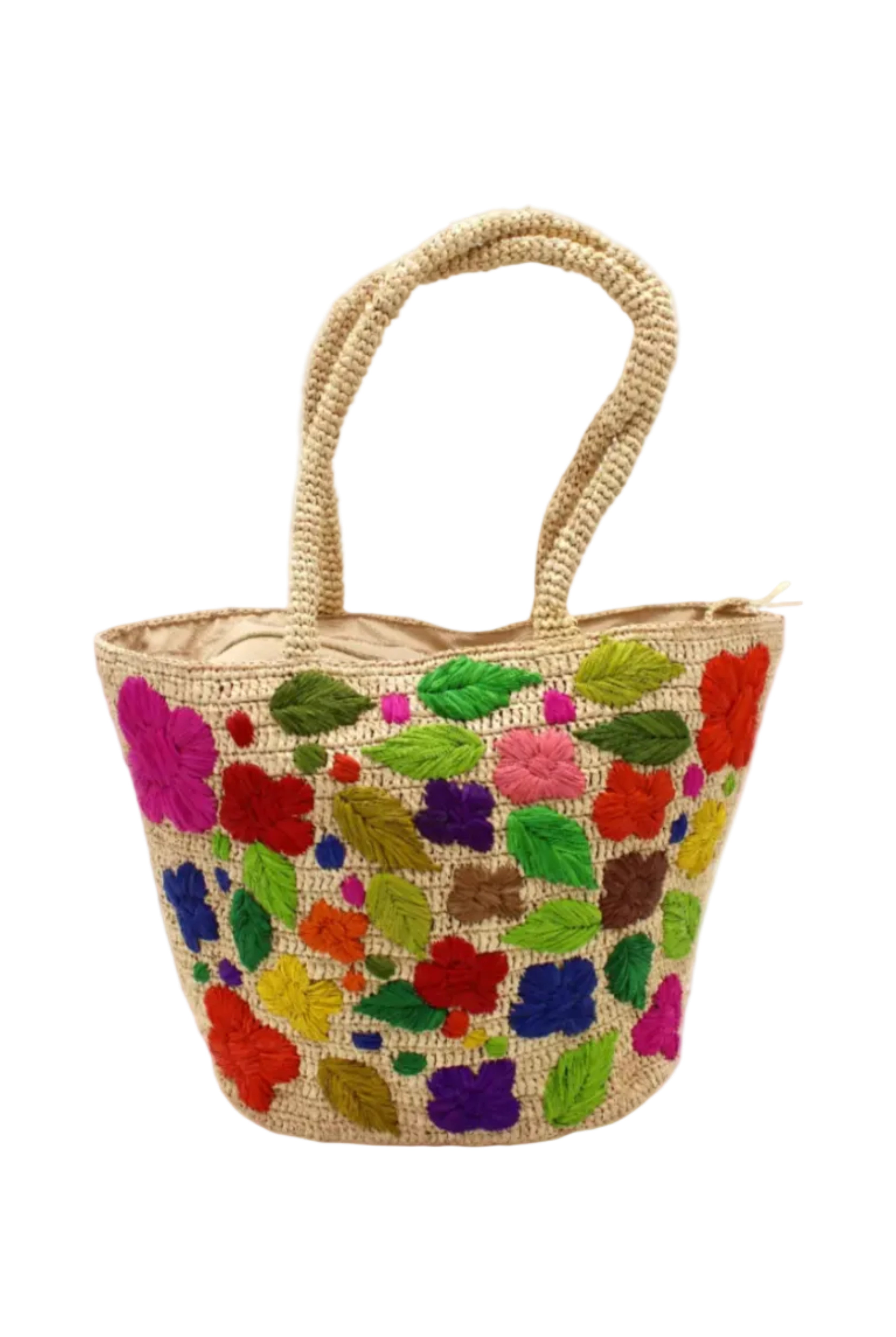 Full Bloom Crochet Straw Handbag with Embroidered Flowers handmade natural raffia palm fiber in a solid hue of natural straw color with subtle horizontal banded link texture and multicolor embroidered detailing in fuchsia hot/bright/barbie/pink, light pink, red, coral orange/red, orange, dark chocolate brown, cinnamon/tobacco/dark/brown, dusk navy/dark/blue, green, olive green, lime green, yellow, purple, etc. colored flowers, leaves and dots embellishment tote beach bag purse with crochet handles - Shebobo