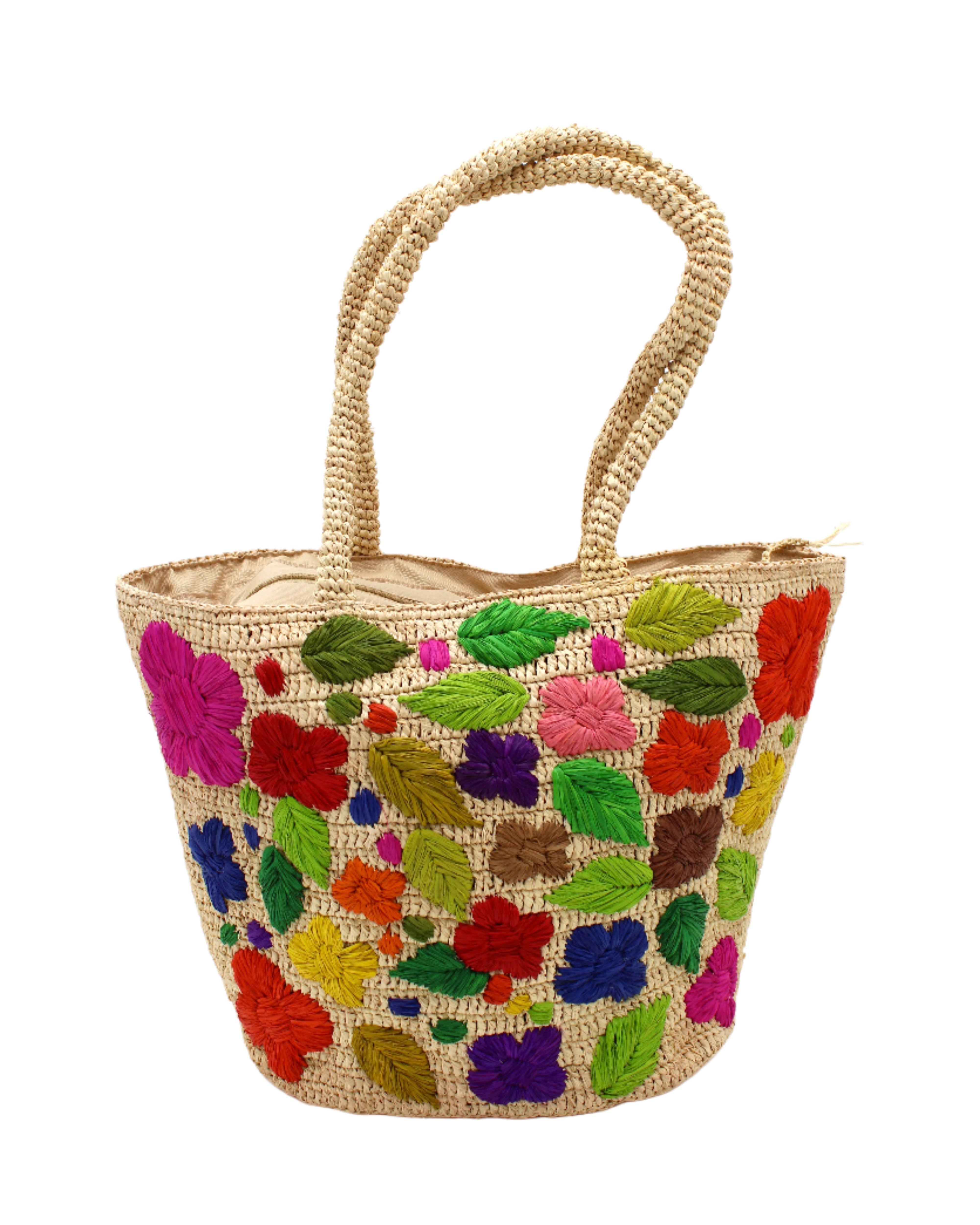 Full Bloom Crochet Straw Handbag with Embroidered Flowers handmade natural raffia palm fiber in a solid hue of natural straw color with subtle horizontal banded link texture and multicolor embroidered detailing in fuchsia hot/bright/barbie/pink, light pink, red, coral orange/red, orange, dark chocolate brown, cinnamon/tobacco/dark/brown, dusk navy/dark/blue, green, olive green, lime green, yellow, purple, etc. colored flowers, leaves and dots embellishment tote beach bag purse with crochet handles - Shebobo