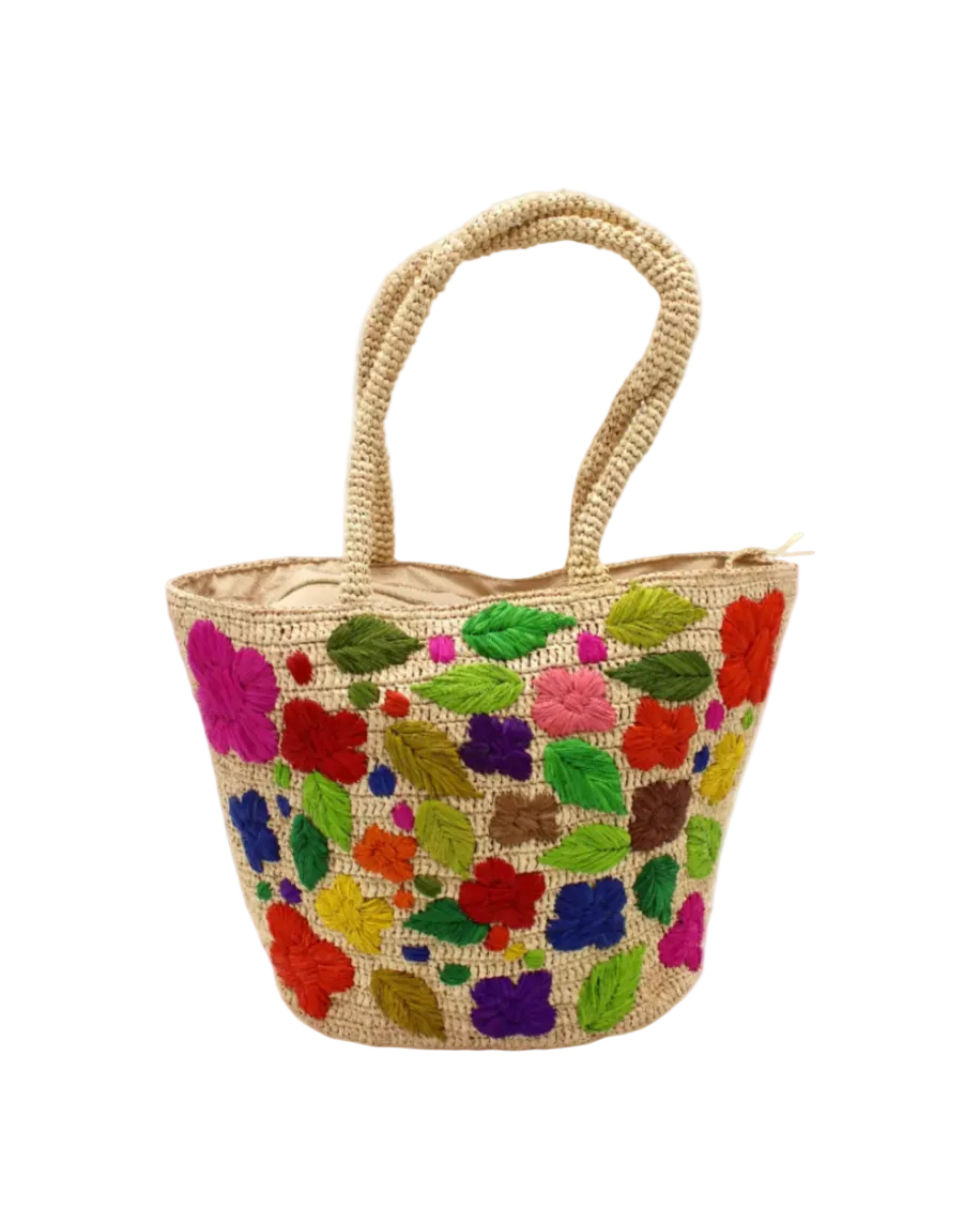 Full Bloom Crochet Straw Handbag with Embroidered Flowers handmade natural raffia palm fiber in a solid hue of natural straw color with subtle horizontal banded link texture and multicolor embroidered detailing in fuchsia hot/bright/barbie/pink, light pink, red, coral orange/red, orange, dark chocolate brown, cinnamon/tobacco/dark/brown, dusk navy/dark/blue, green, olive green, lime green, yellow, purple, etc. colored flowers, leaves and dots embellishment tote beach bag purse with crochet handles - Shebobo