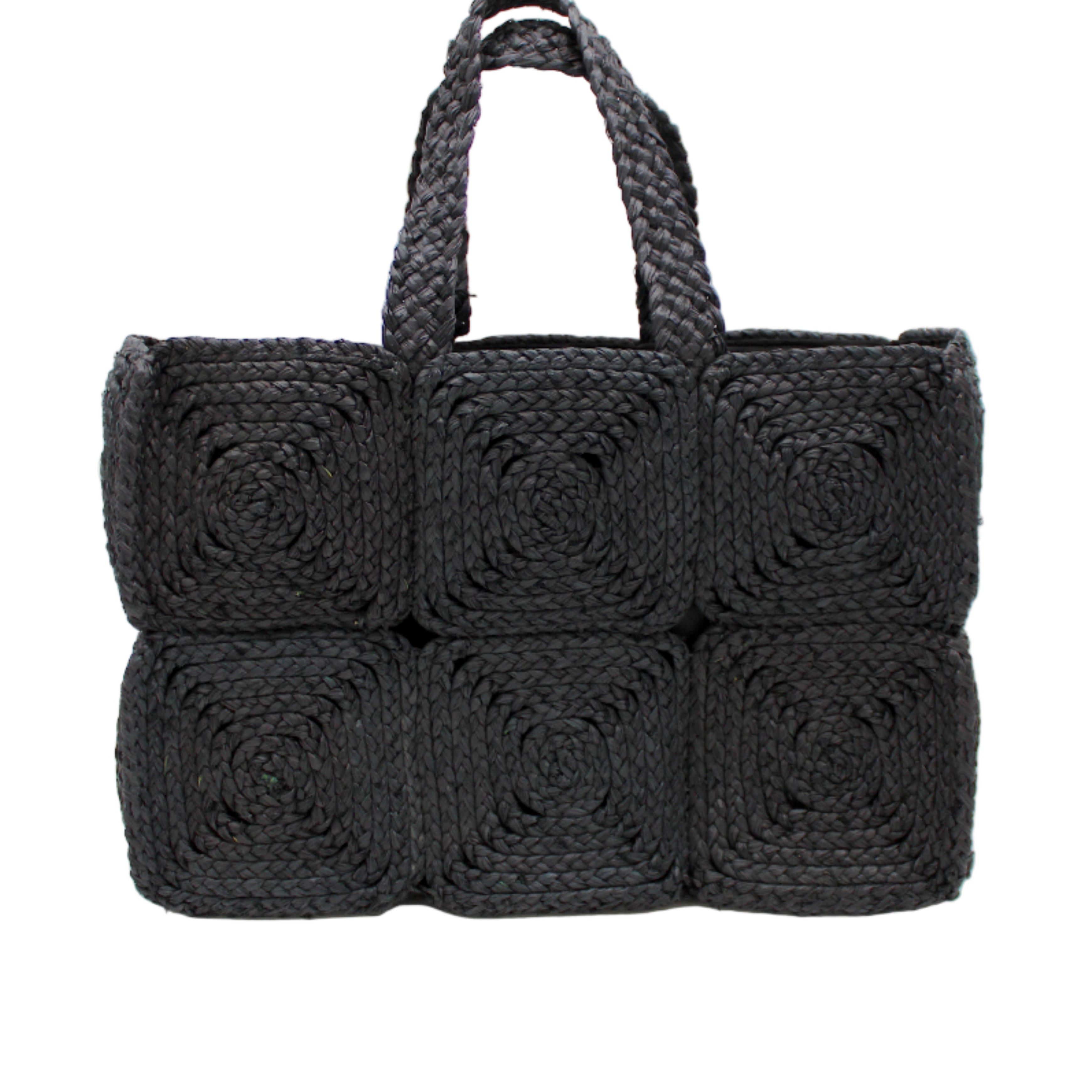 Gemma Crochet Disc Rectangle Large Straw Basket Handbag handmade braided natural raffia palm fiber in a solid hue of Black with subtle square disc pattern around the outside of the bag in two horizontal bands of squares creating a geometric pattern and matching woven handles beach bag purse - Shebobo