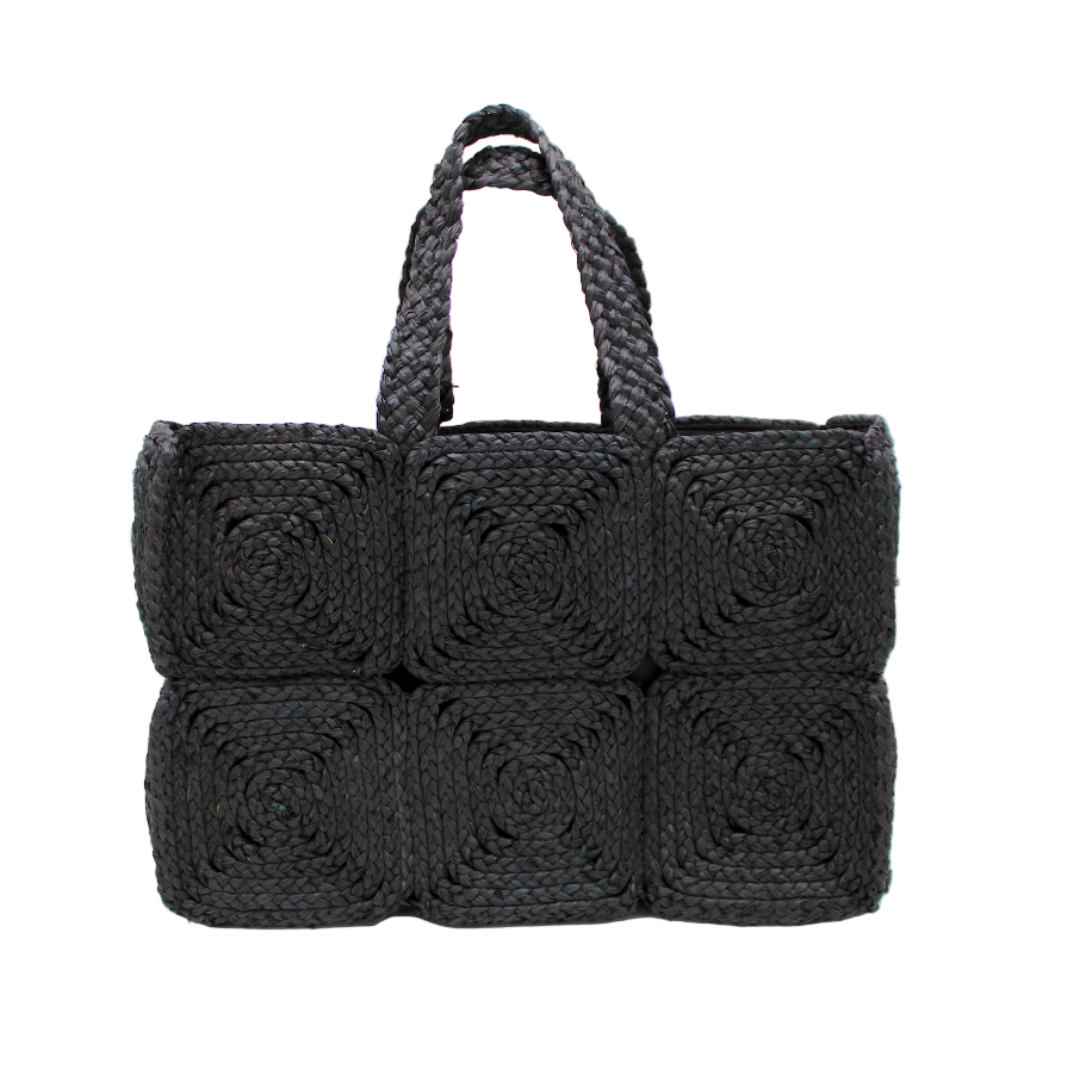 Gemma Crochet Disc Rectangle Large Straw Basket Handbag handmade braided natural raffia palm fiber in a solid hue of Black with subtle square disc pattern around the outside of the bag in two horizontal bands of squares creating a geometric pattern and matching woven handles beach bag purse - Shebobo