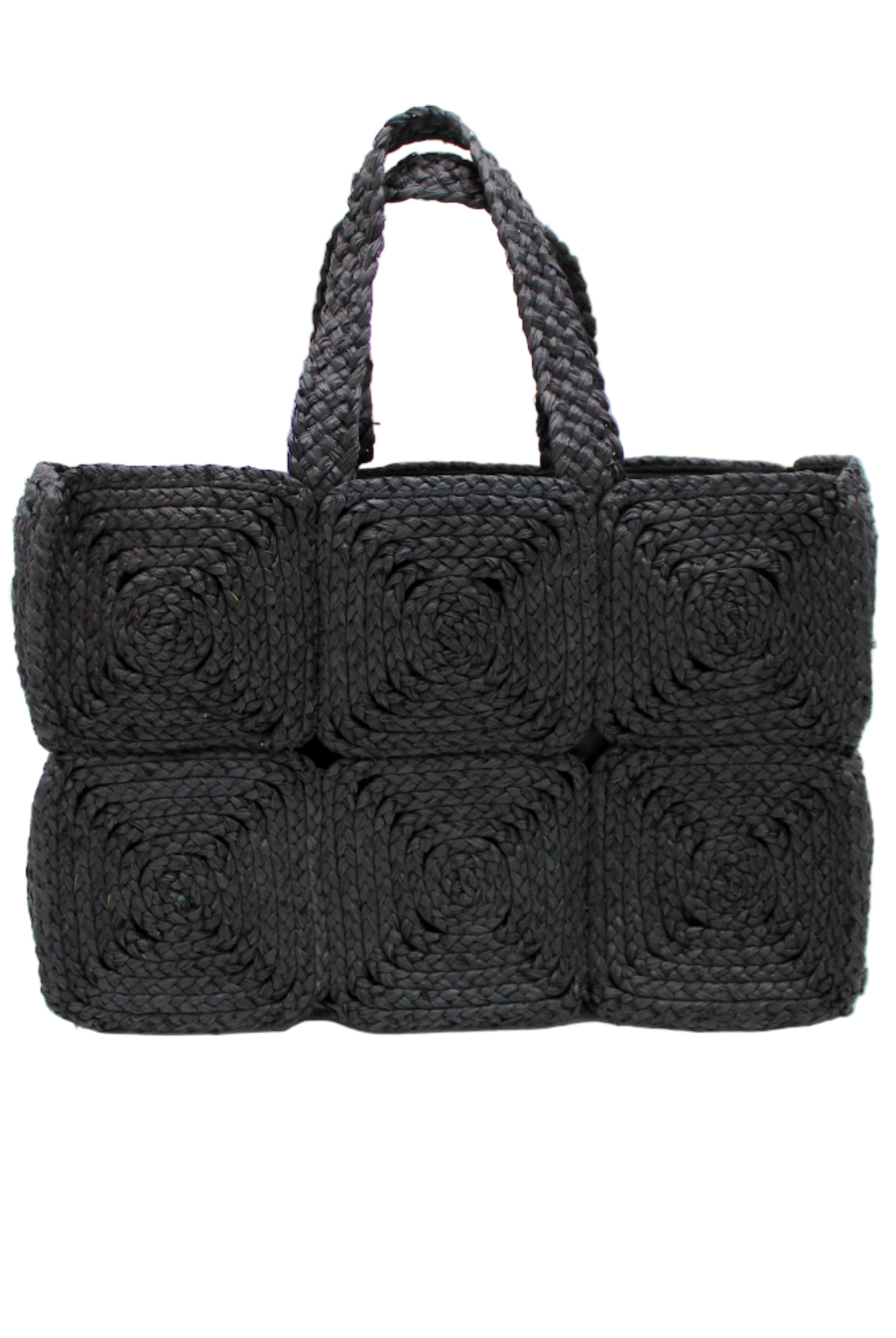 Gemma Crochet Disc Rectangle Large Straw Basket Handbag handmade braided natural raffia palm fiber in a solid hue of Black with subtle square disc pattern around the outside of the bag in two horizontal bands of squares creating a geometric pattern and matching woven handles beach bag purse - Shebobo