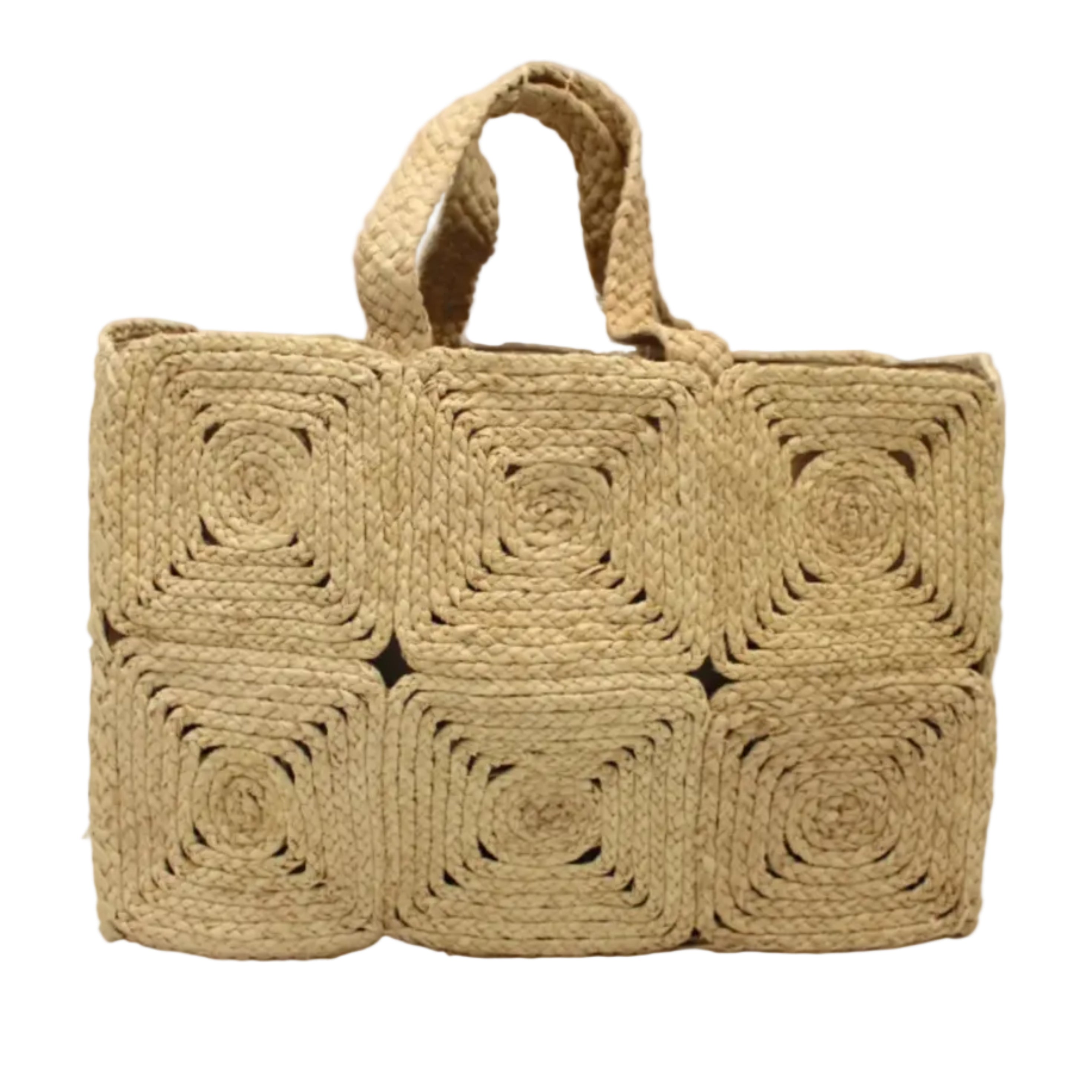 Gemma Crochet Disc Rectangle Large Straw Basket Handbag handmade braided natural raffia palm fiber in a solid hue of Natural straw color with subtle square disc pattern around the outside of the bag in two horizontal bands of squares creating a geometric pattern and matching woven handles beach bag purse - Shebobo