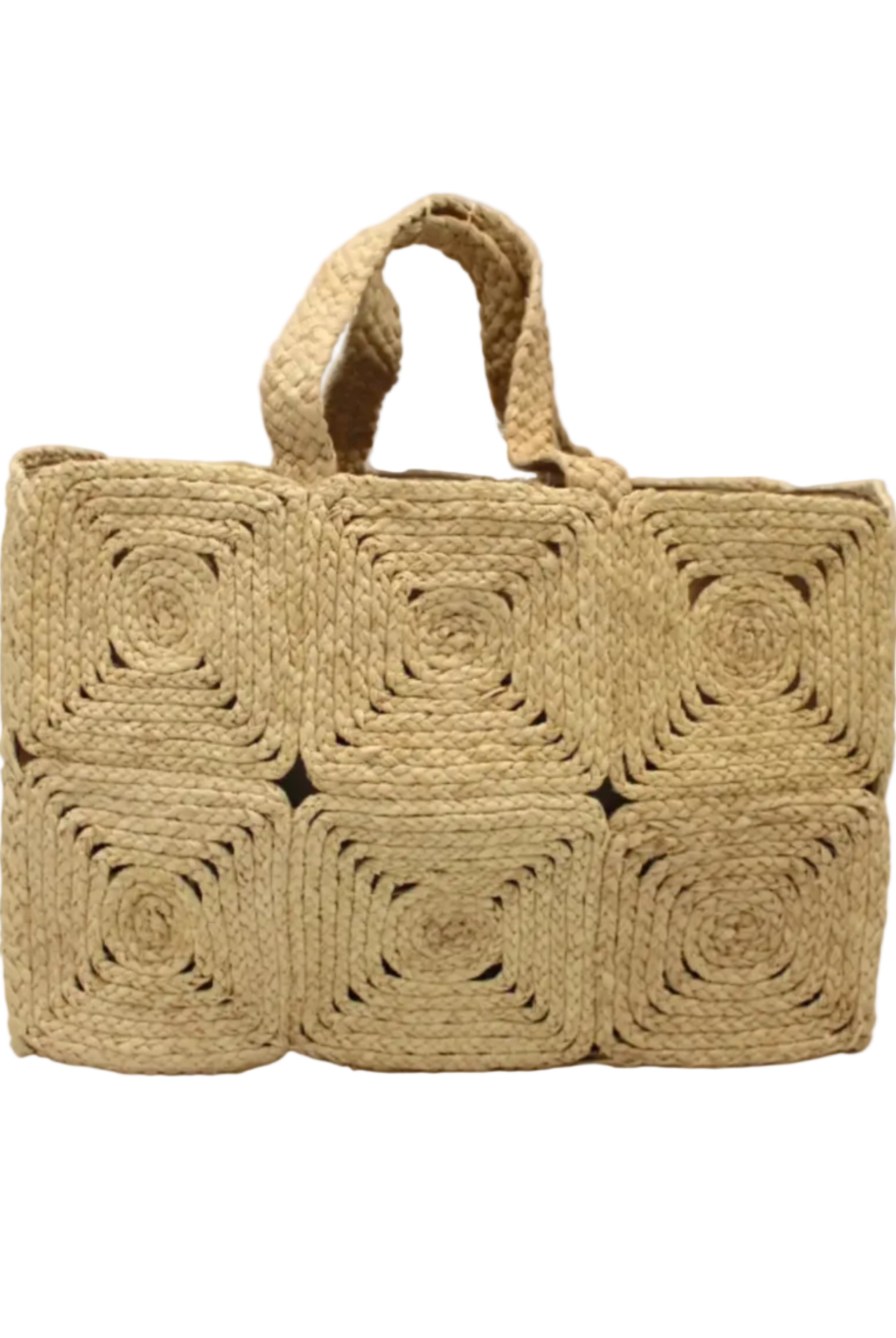Gemma Crochet Disc Rectangle Large Straw Basket Handbag handmade braided natural raffia palm fiber in a solid hue of Natural straw color with subtle square disc pattern around the outside of the bag in two horizontal bands of squares creating a geometric pattern and matching woven handles beach bag purse - Shebobo