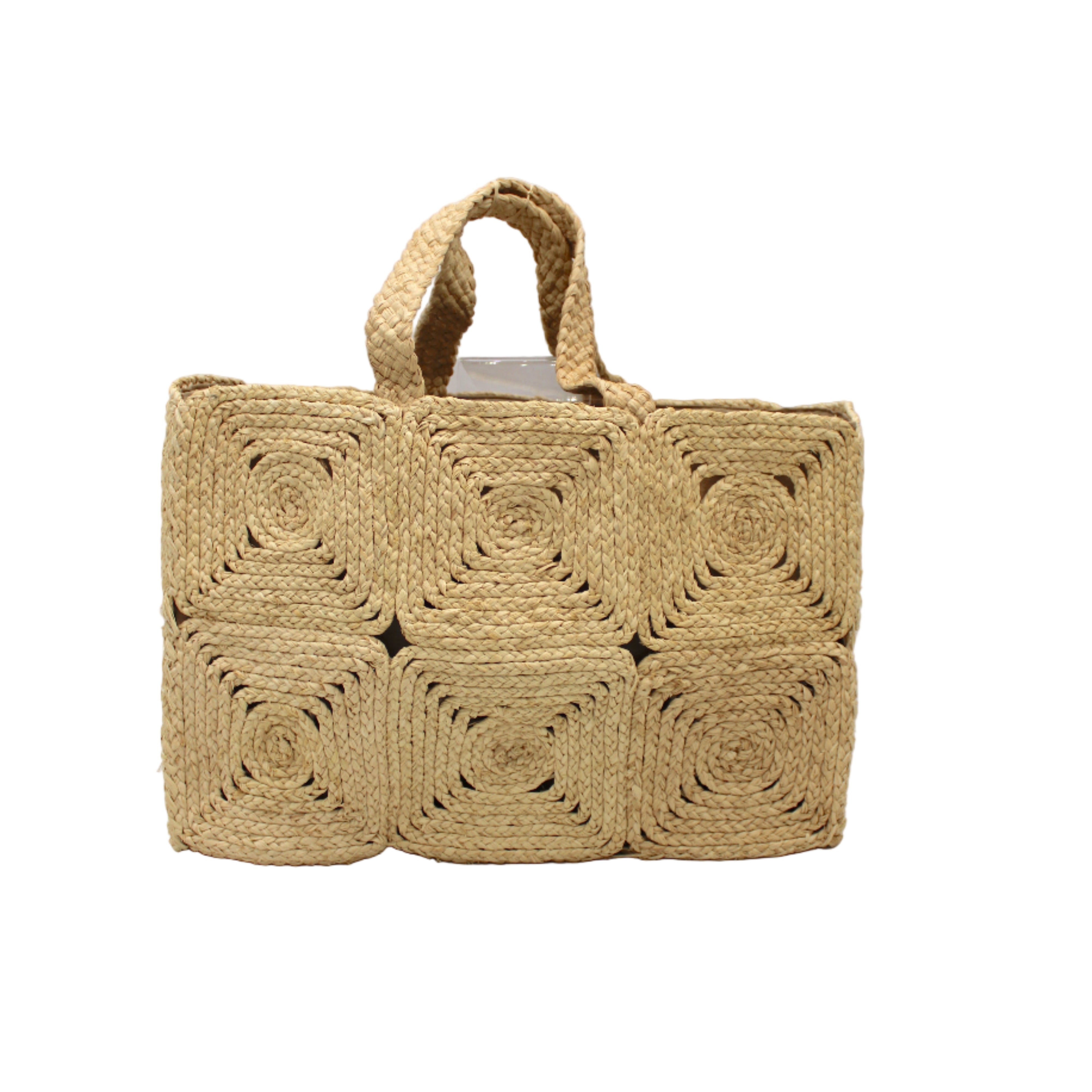 Gemma Crochet Disc Rectangle Large Straw Basket Handbag handmade braided natural raffia palm fiber in a solid hue of Natural straw color with subtle square disc pattern around the outside of the bag in two horizontal bands of squares creating a geometric pattern and matching woven handles beach bag purse - Shebobo