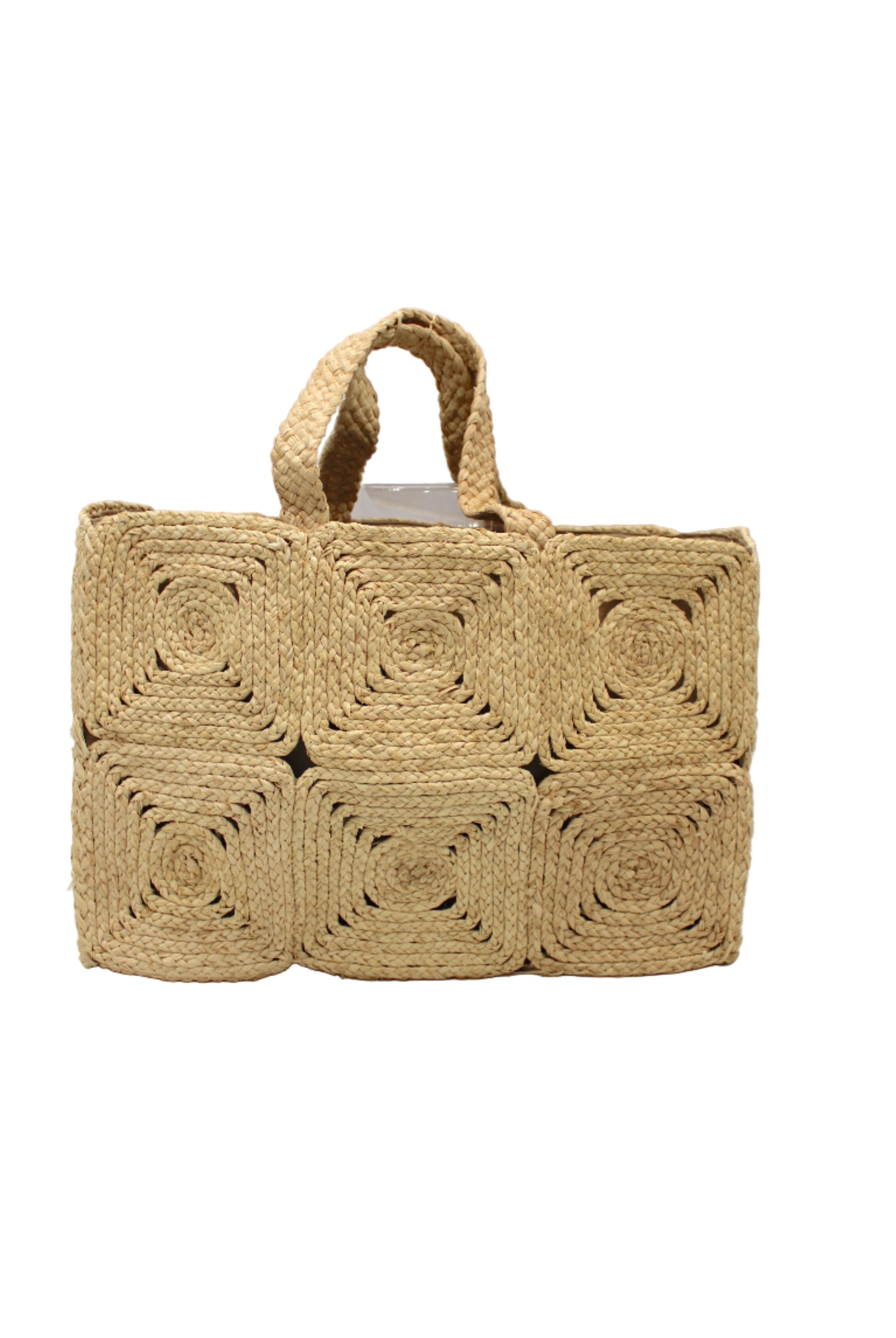 Gemma Crochet Disc Rectangle Large Straw Basket Handbag handmade braided natural raffia palm fiber in a solid hue of Natural straw color with subtle square disc pattern around the outside of the bag in two horizontal bands of squares creating a geometric pattern and matching woven handles beach bag purse - Shebobo