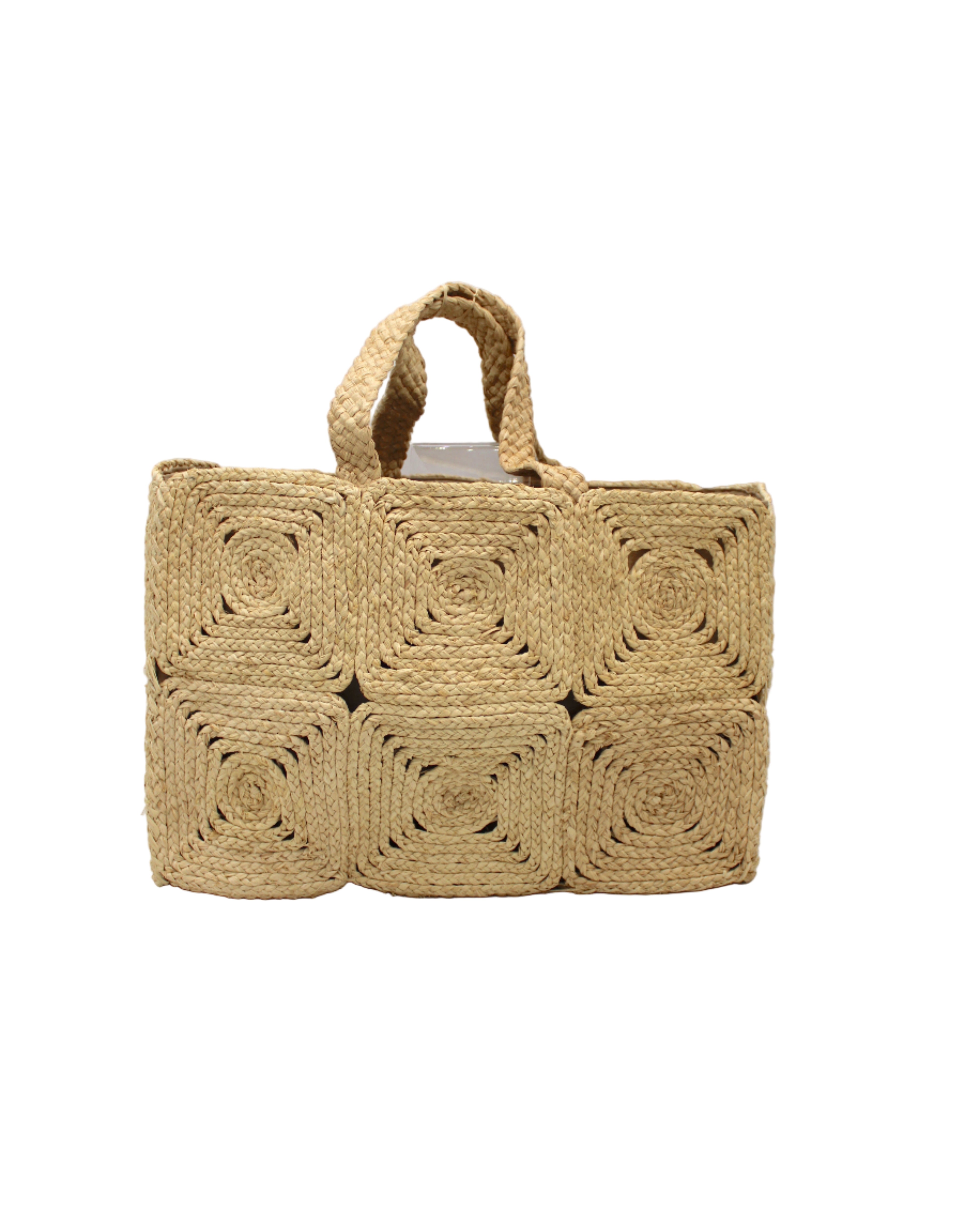 Gemma Crochet Disc Rectangle Large Straw Basket Handbag handmade braided natural raffia palm fiber in a solid hue of Natural straw color with subtle square disc pattern around the outside of the bag in two horizontal bands of squares creating a geometric pattern and matching woven handles beach bag purse - Shebobo
