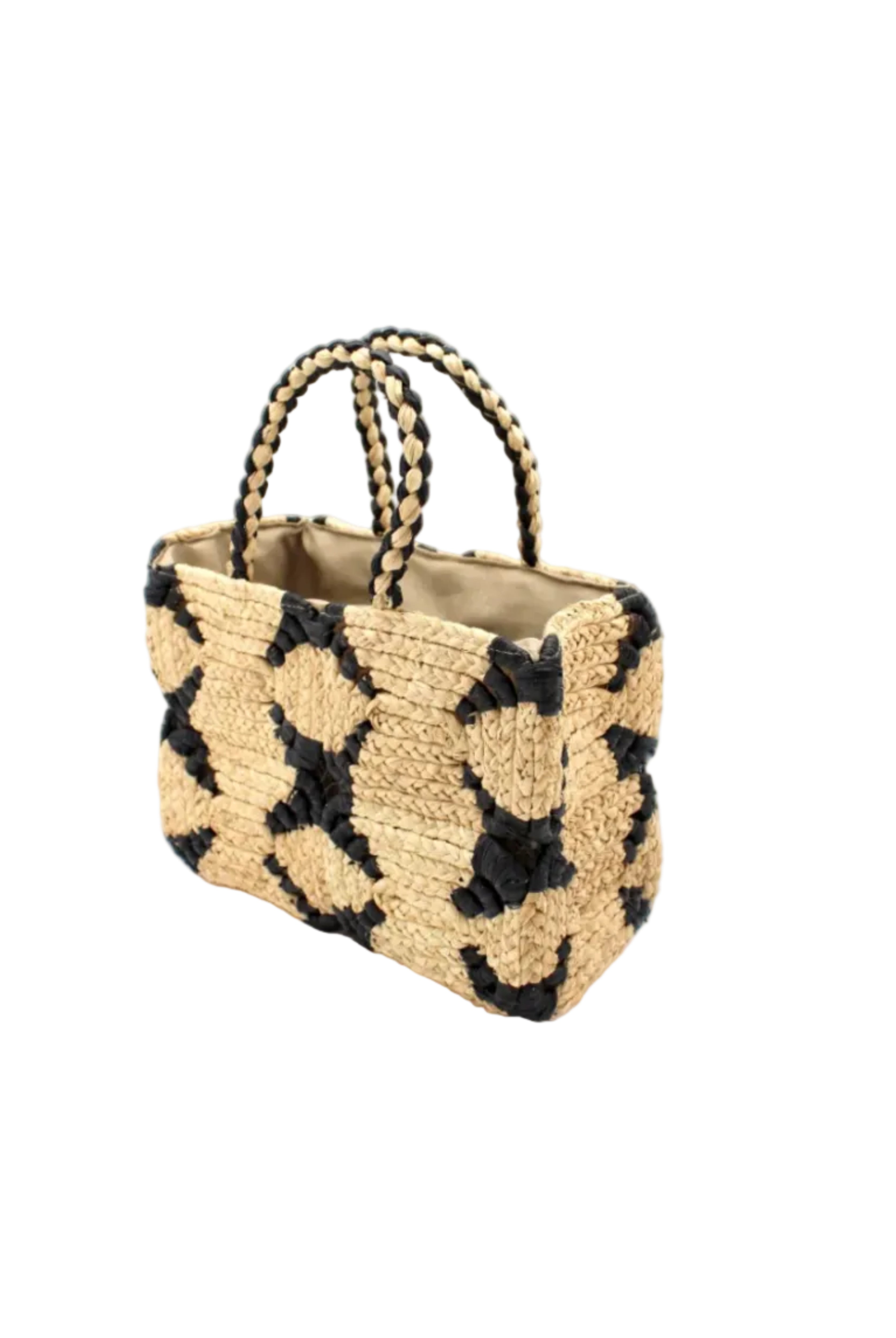 Side View Gemma Crochet Disc Rectangle Black and Natural Straw Basket Handbag handmade woven raffia palm fiber in a two tone multicolor pattern of black and natural straw color create a coiled braid disc pattern result in a star pattern around the bag with matching woven handles top handle bag - Shebobo