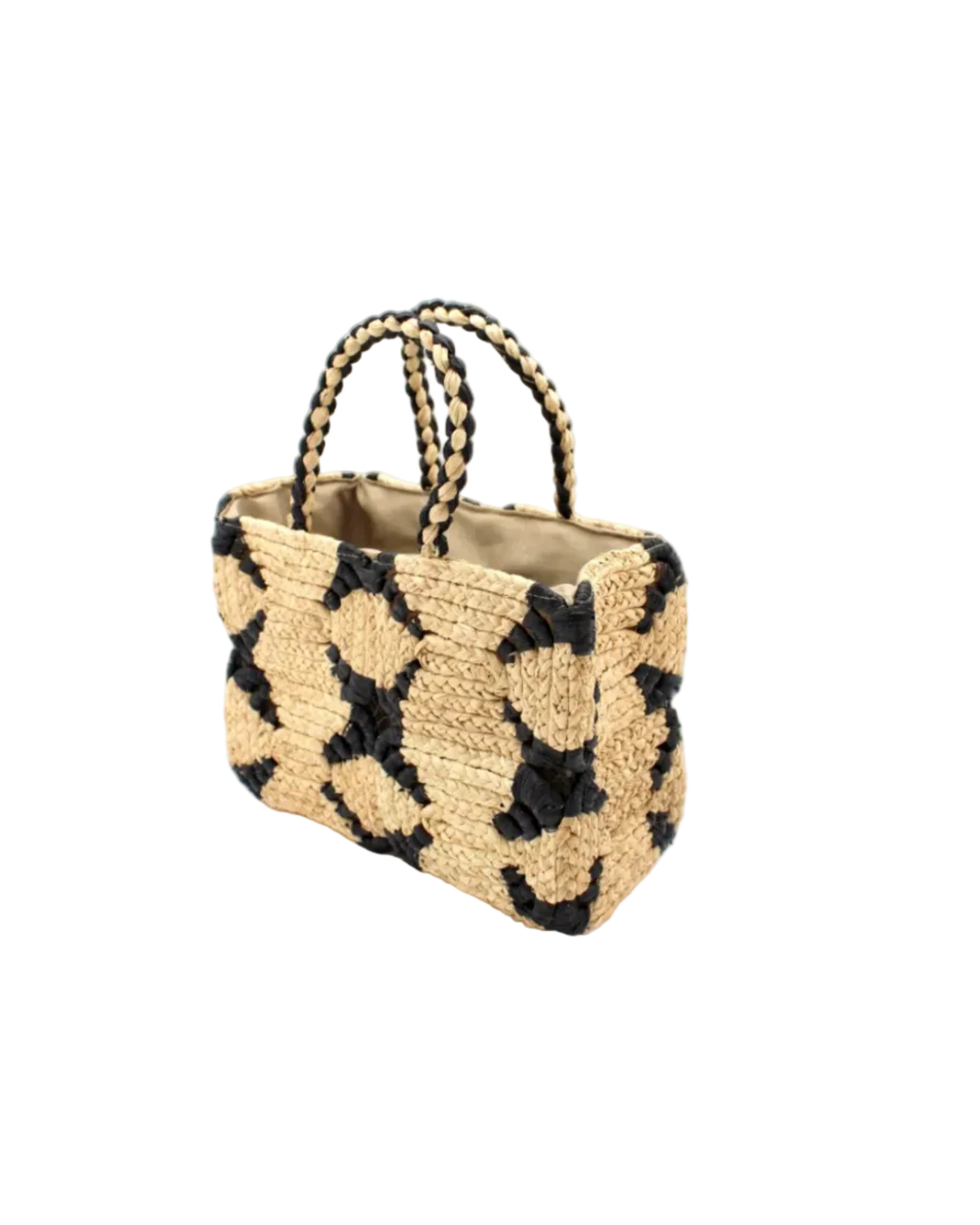 Side View Gemma Crochet Disc Rectangle Black and Natural Straw Basket Handbag handmade woven raffia palm fiber in a two tone multicolor pattern of black and natural straw color create a coiled braid disc pattern result in a star pattern around the bag with matching woven handles top handle bag - Shebobo