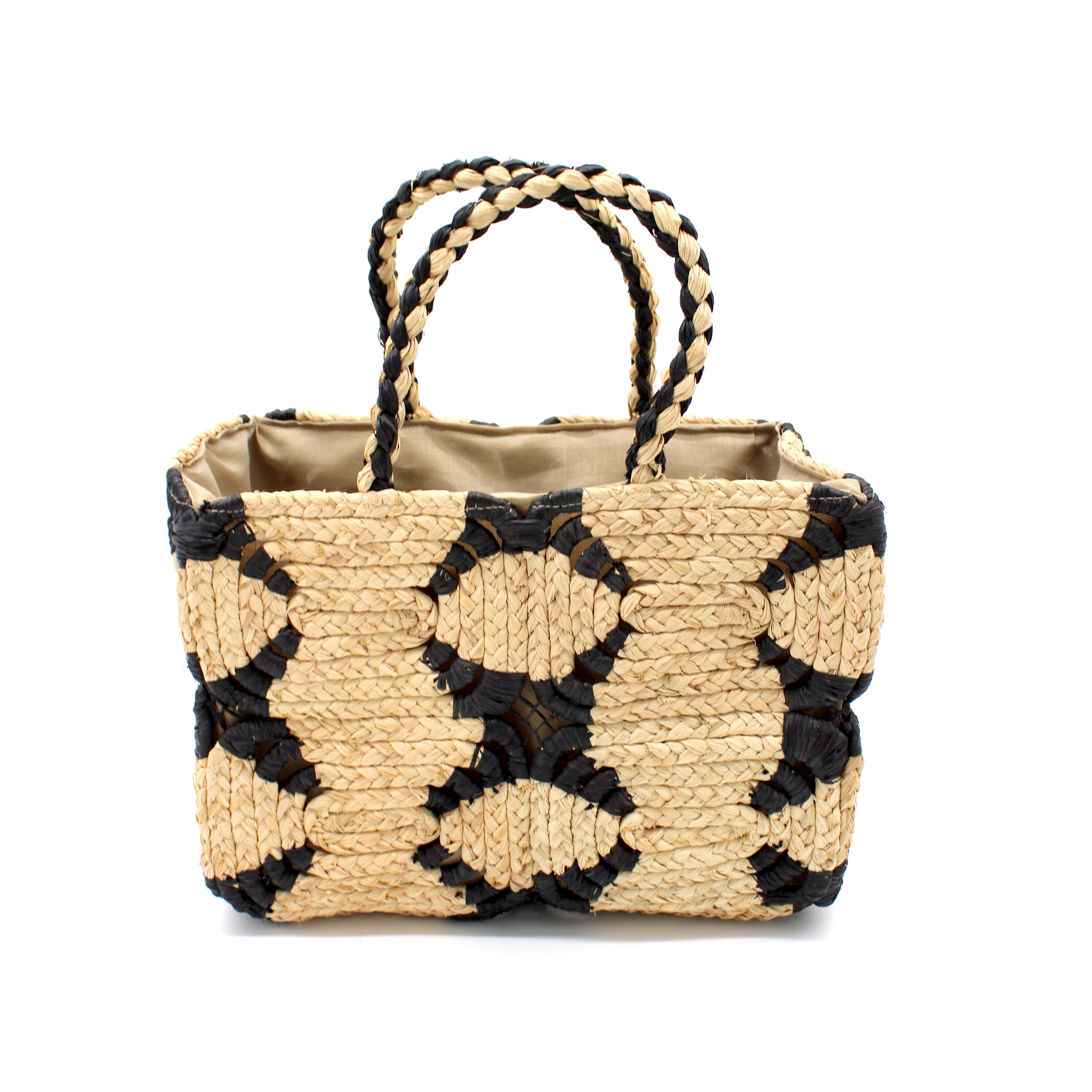 Gemma Crochet Disc Rectangle Black and Natural Straw Basket Handbag handmade woven raffia palm fiber in a two tone multicolor pattern of black and natural straw color create a coiled braid disc pattern result in a star pattern around the bag with matching woven handles top handle bag - Shebobo