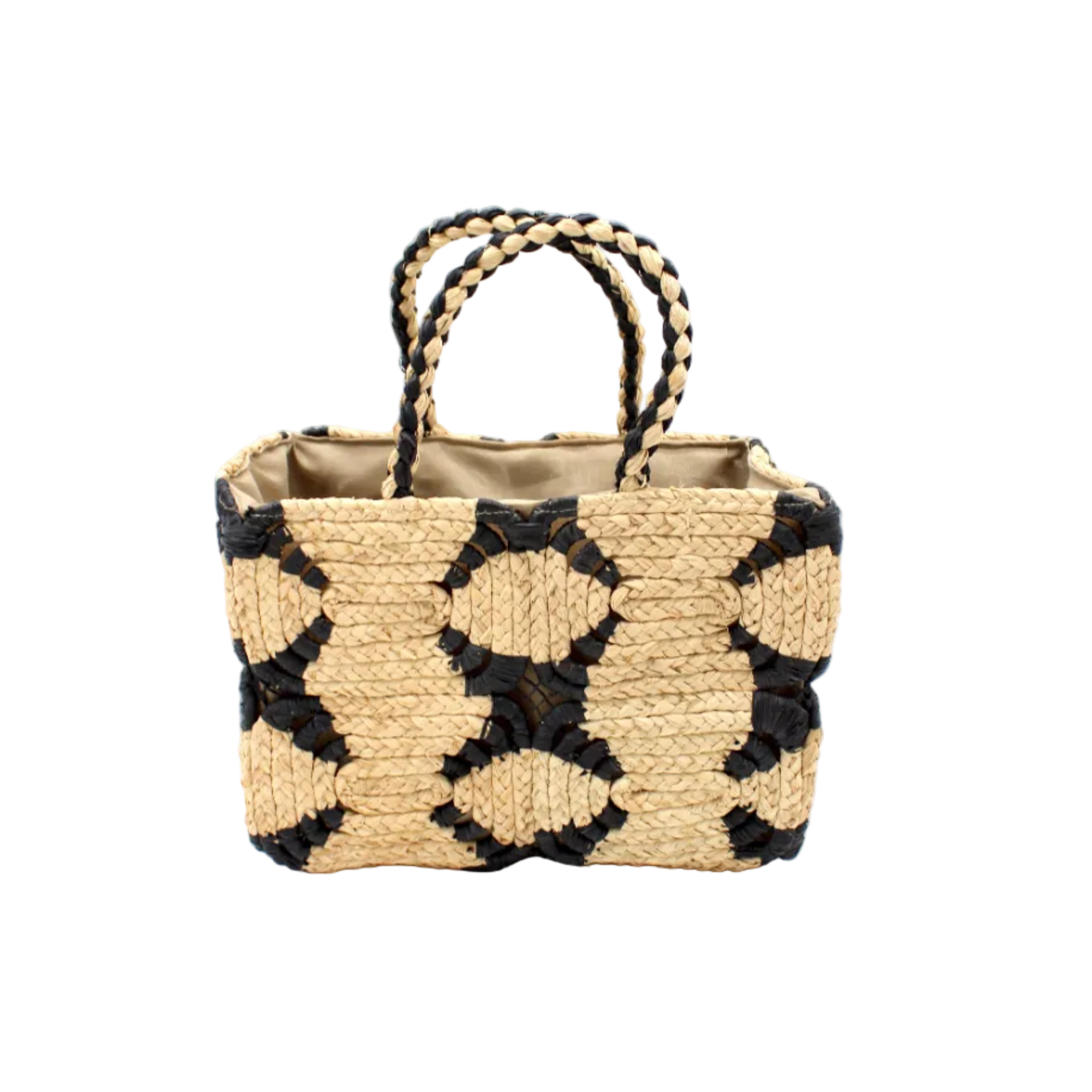 Gemma Crochet Disc Rectangle Black and Natural Straw Basket Handbag handmade woven raffia palm fiber in a two tone multicolor pattern of black and natural straw color create a coiled braid disc pattern result in a star pattern around the bag with matching woven handles top handle bag - Shebobo