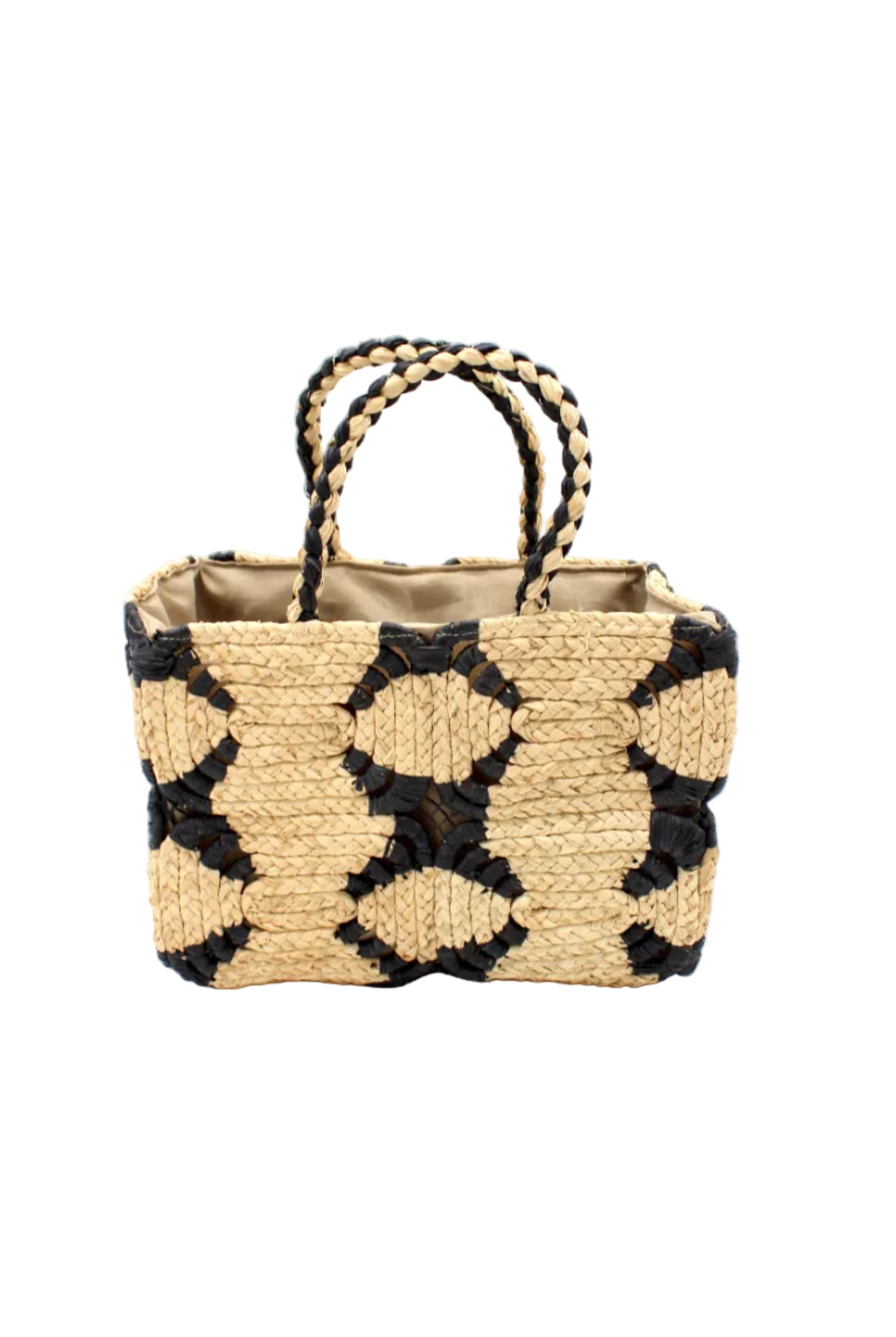 Gemma Crochet Disc Rectangle Black and Natural Straw Basket Handbag handmade woven raffia palm fiber in a two tone multicolor pattern of black and natural straw color create a coiled braid disc pattern result in a star pattern around the bag with matching woven handles top handle bag - Shebobo