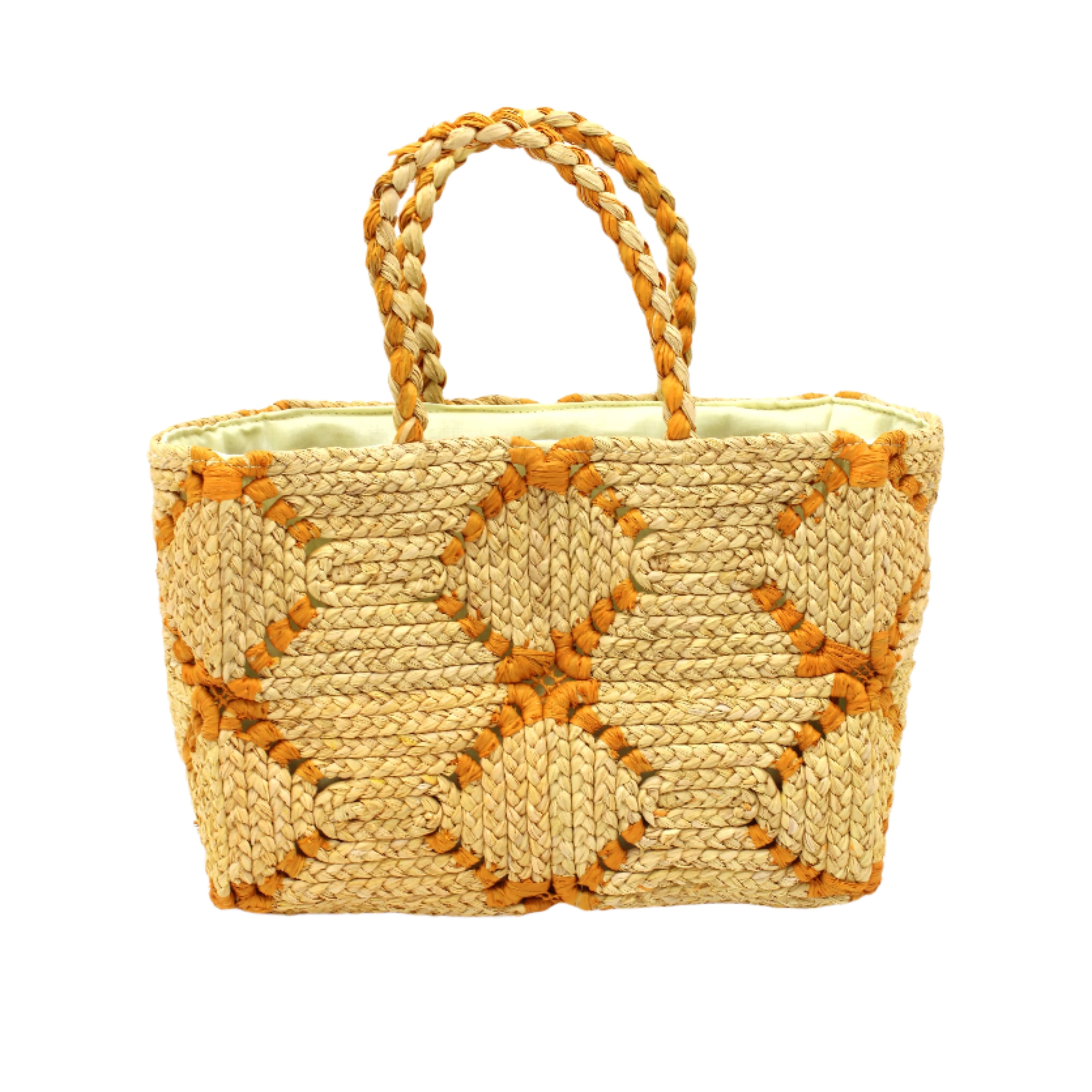 Gemma Crochet Disc Rectangle Butter and Saffron Straw Basket Handbag handmade woven raffia palm fiber in a two tone multicolor pattern of butter light yellow and saffron yellow/orange create a coiled braid disc pattern result in a star pattern around the bag with matching woven handles top handle bag - Shebobo