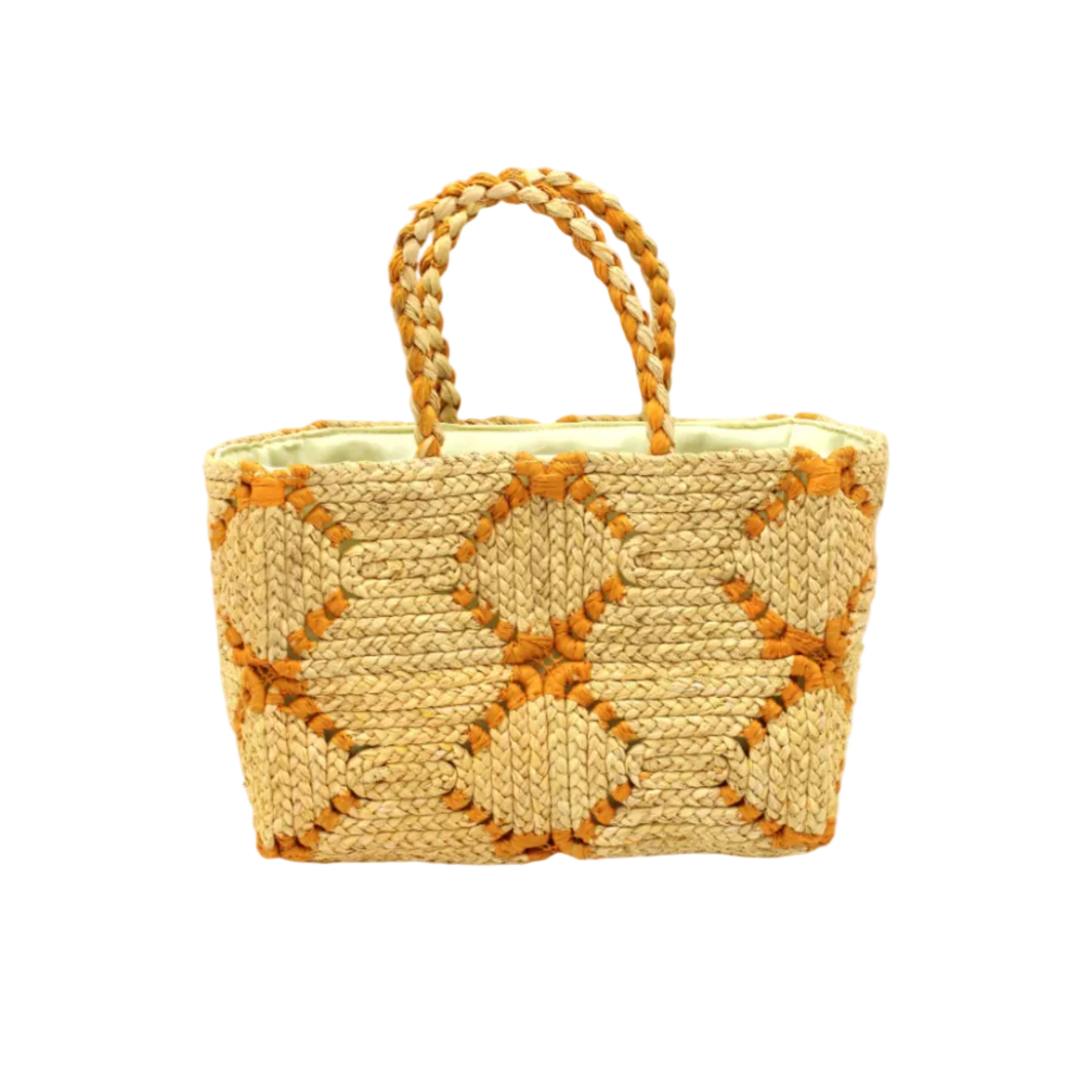 Gemma Crochet Disc Rectangle Butter and Saffron Straw Basket Handbag handmade woven raffia palm fiber in a two tone multicolor pattern of butter light yellow and saffron yellow/orange create a coiled braid disc pattern result in a star pattern around the bag with matching woven handles top handle bag - Shebobo