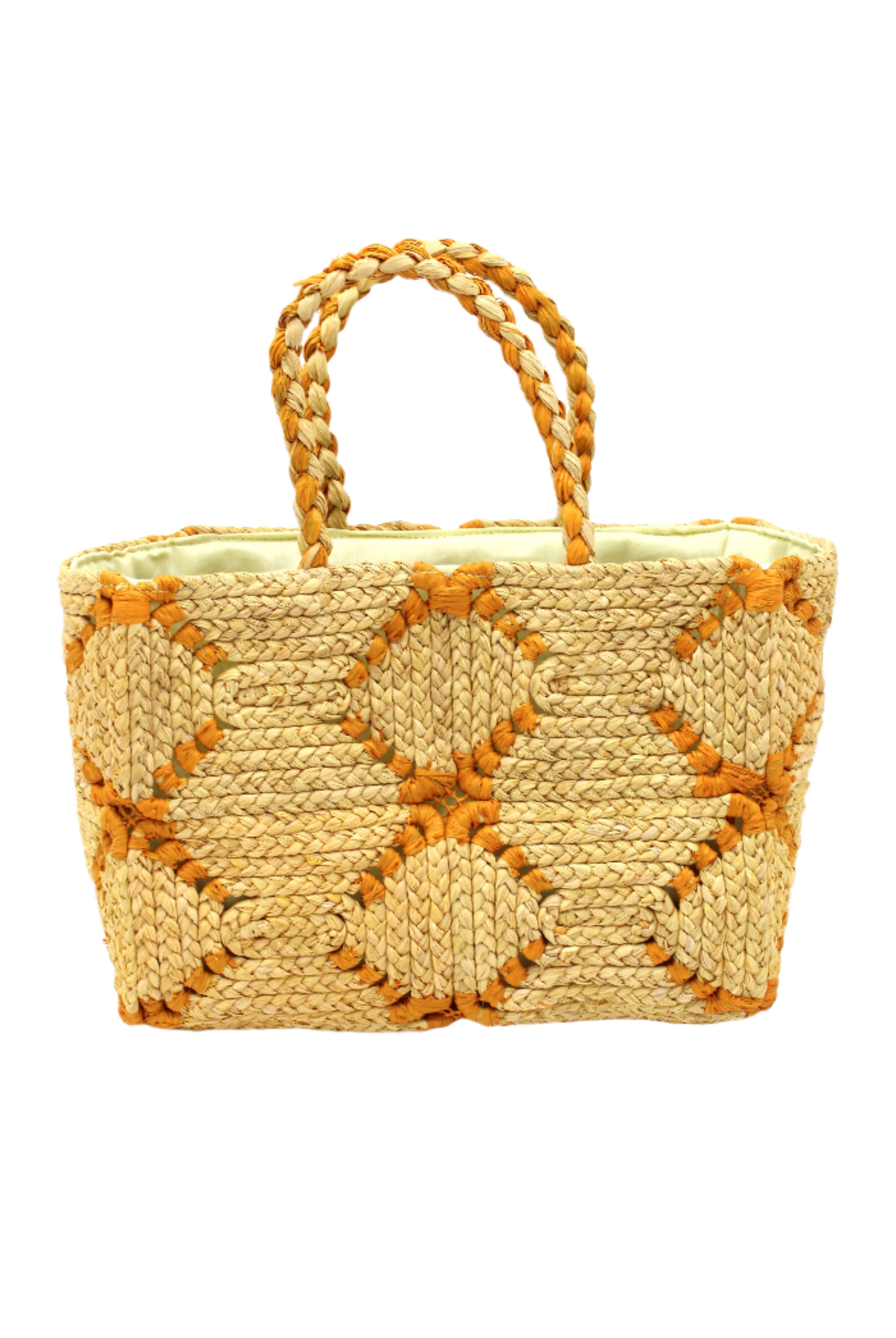 Gemma Crochet Disc Rectangle Butter and Saffron Straw Basket Handbag handmade woven raffia palm fiber in a two tone multicolor pattern of butter light yellow and saffron yellow/orange create a coiled braid disc pattern result in a star pattern around the bag with matching woven handles top handle bag - Shebobo