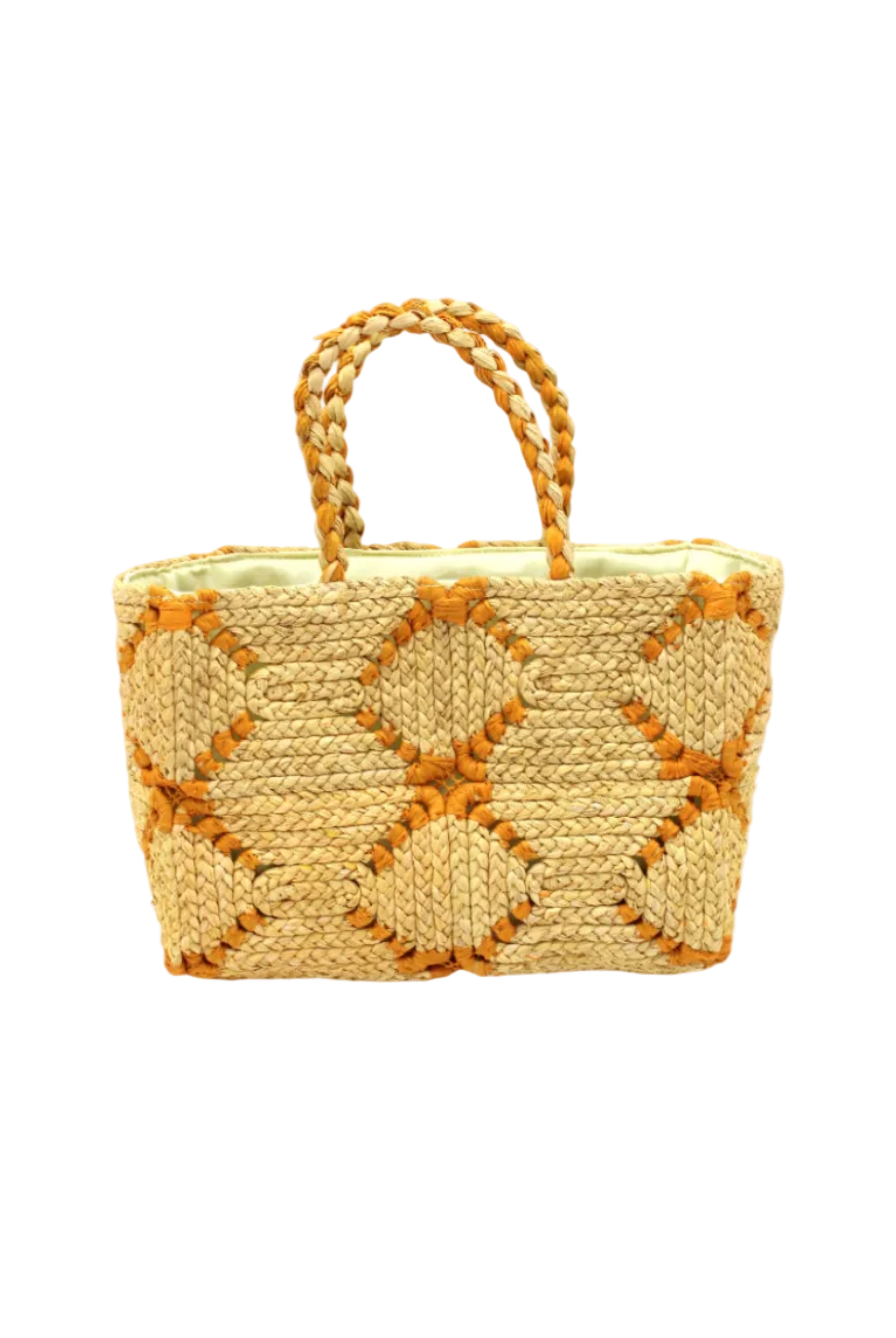 Gemma Crochet Disc Rectangle Butter and Saffron Straw Basket Handbag handmade woven raffia palm fiber in a two tone multicolor pattern of butter light yellow and saffron yellow/orange create a coiled braid disc pattern result in a star pattern around the bag with matching woven handles top handle bag - Shebobo