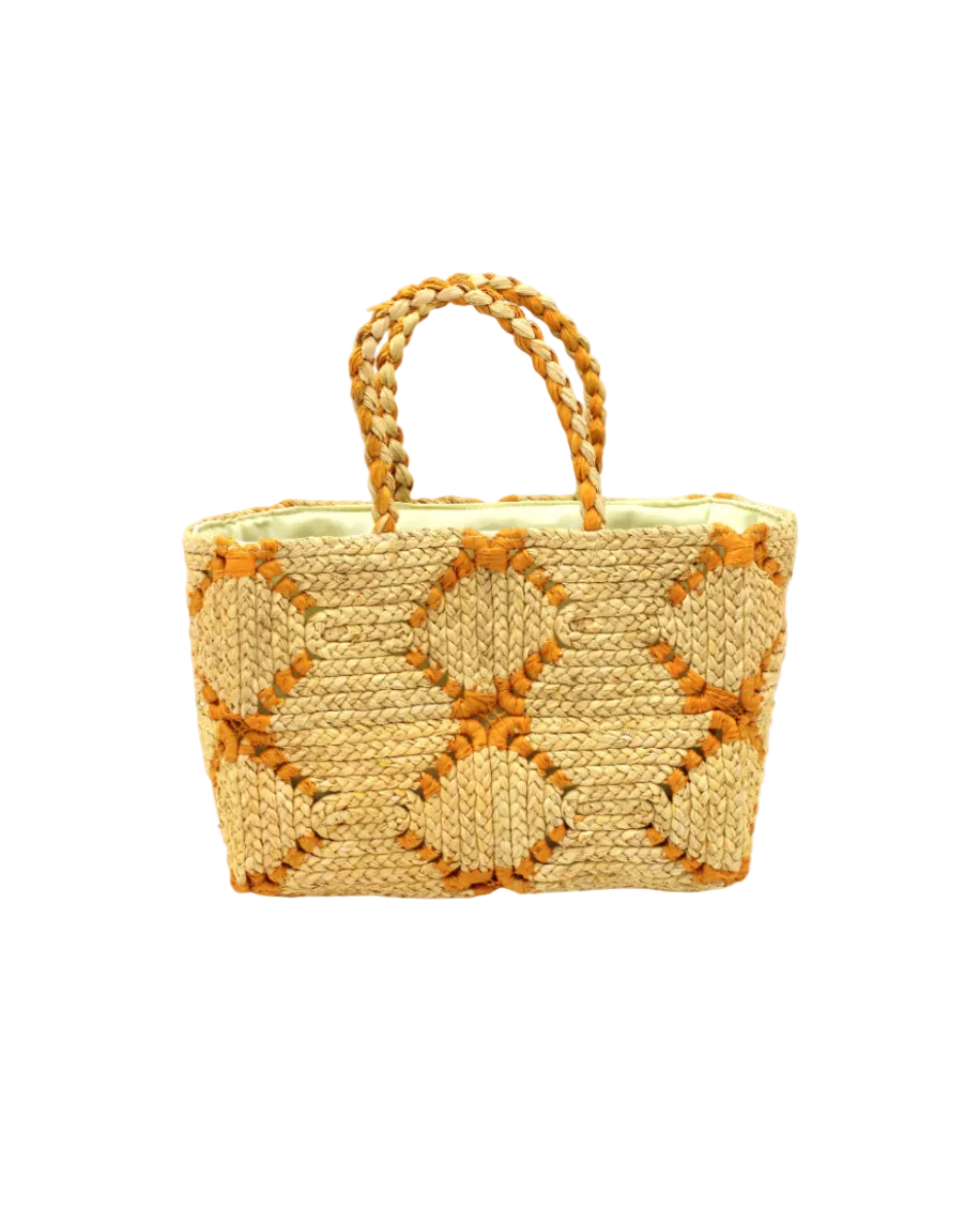 Gemma Crochet Disc Rectangle Butter and Saffron Straw Basket Handbag handmade woven raffia palm fiber in a two tone multicolor pattern of butter light yellow and saffron yellow/orange create a coiled braid disc pattern result in a star pattern around the bag with matching woven handles top handle bag - Shebobo