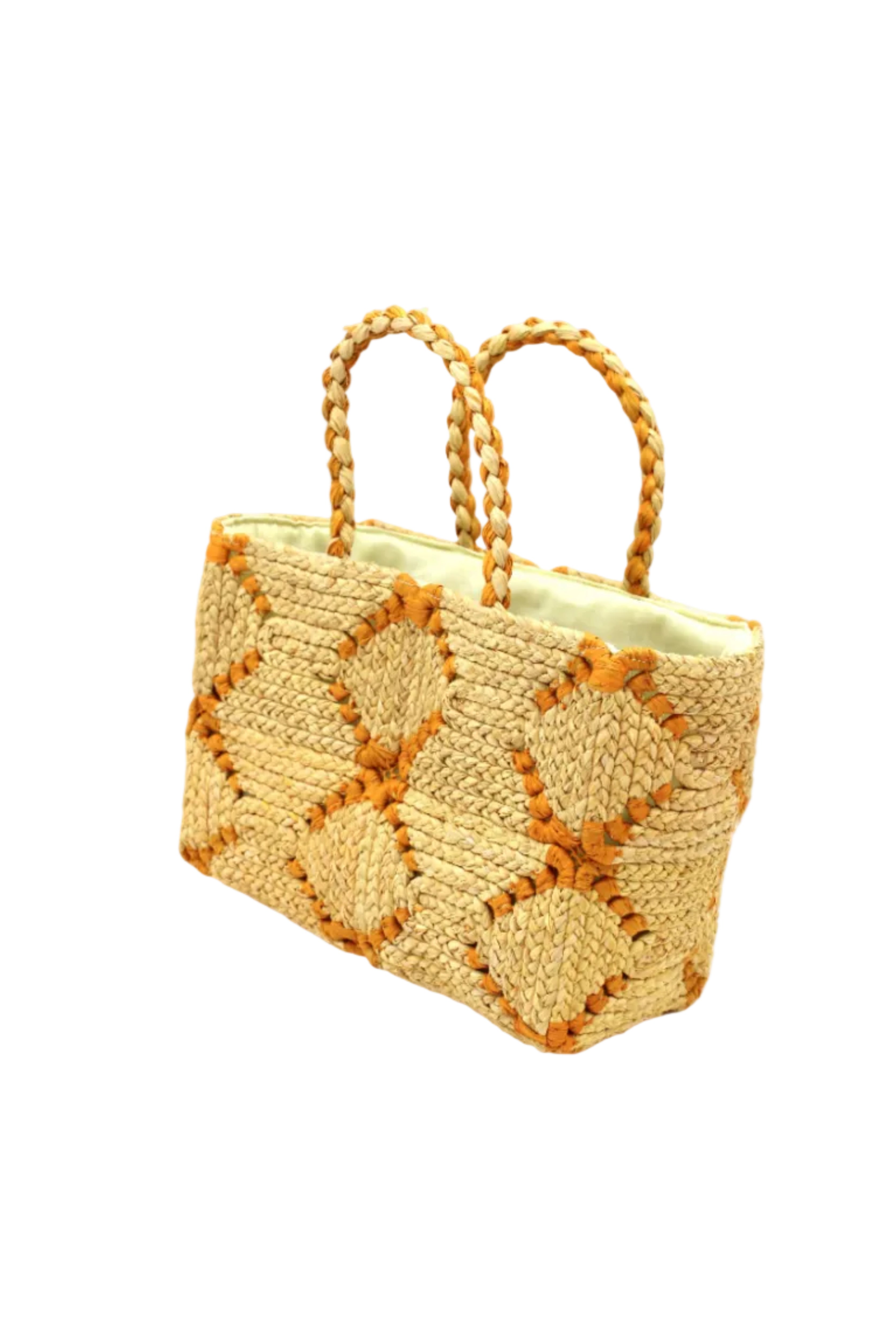 Side view Gemma Crochet Disc Rectangle Butter and Saffron Straw Basket Handbag handmade woven raffia palm fiber in a two tone multicolor pattern of butter light yellow and saffron yellow/orange create a coiled braid disc pattern result in a star pattern around the bag with matching woven handles top handle bag - Shebobo