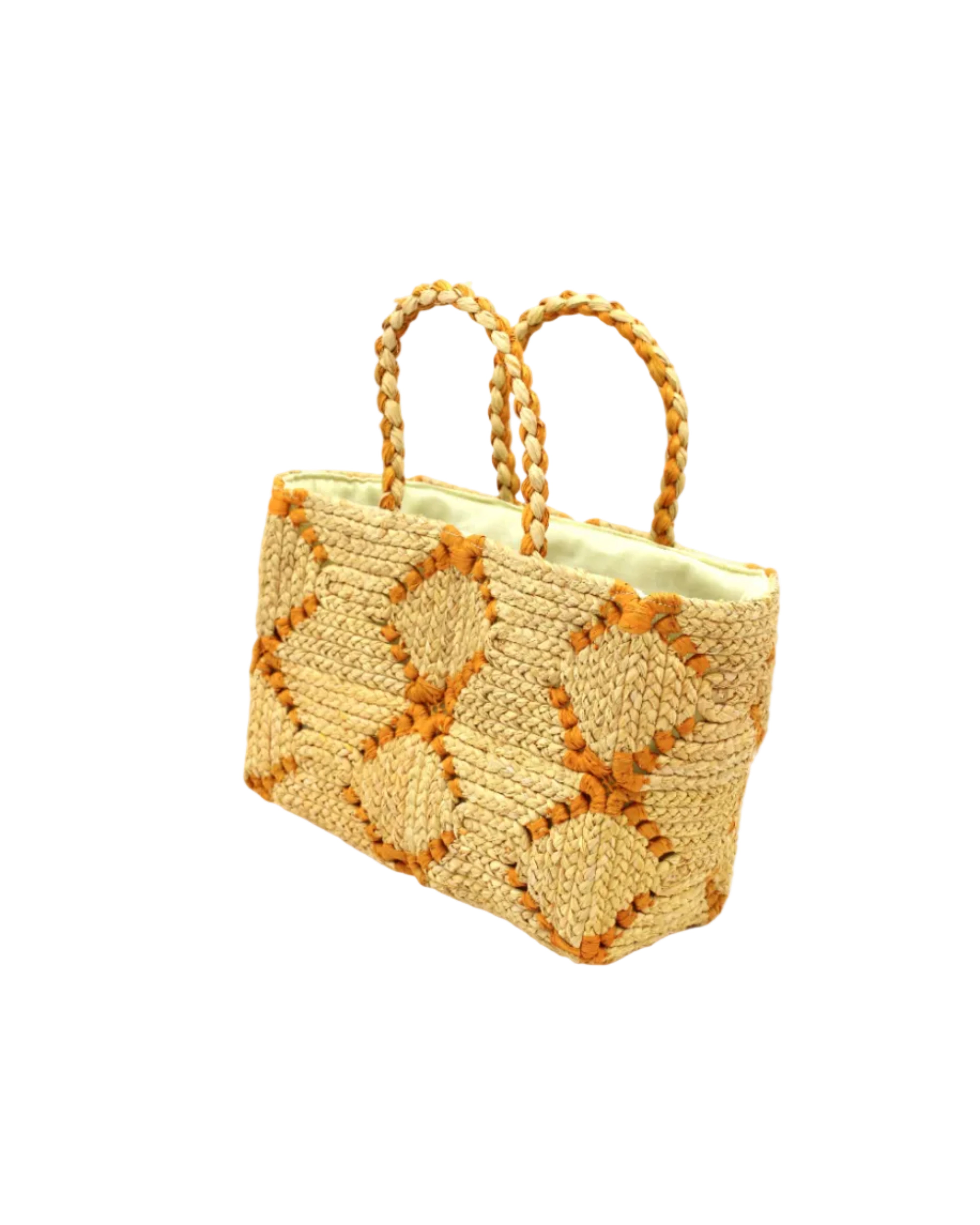 Side view Gemma Crochet Disc Rectangle Butter and Saffron Straw Basket Handbag handmade woven raffia palm fiber in a two tone multicolor pattern of butter light yellow and saffron yellow/orange create a coiled braid disc pattern result in a star pattern around the bag with matching woven handles top handle bag - Shebobo