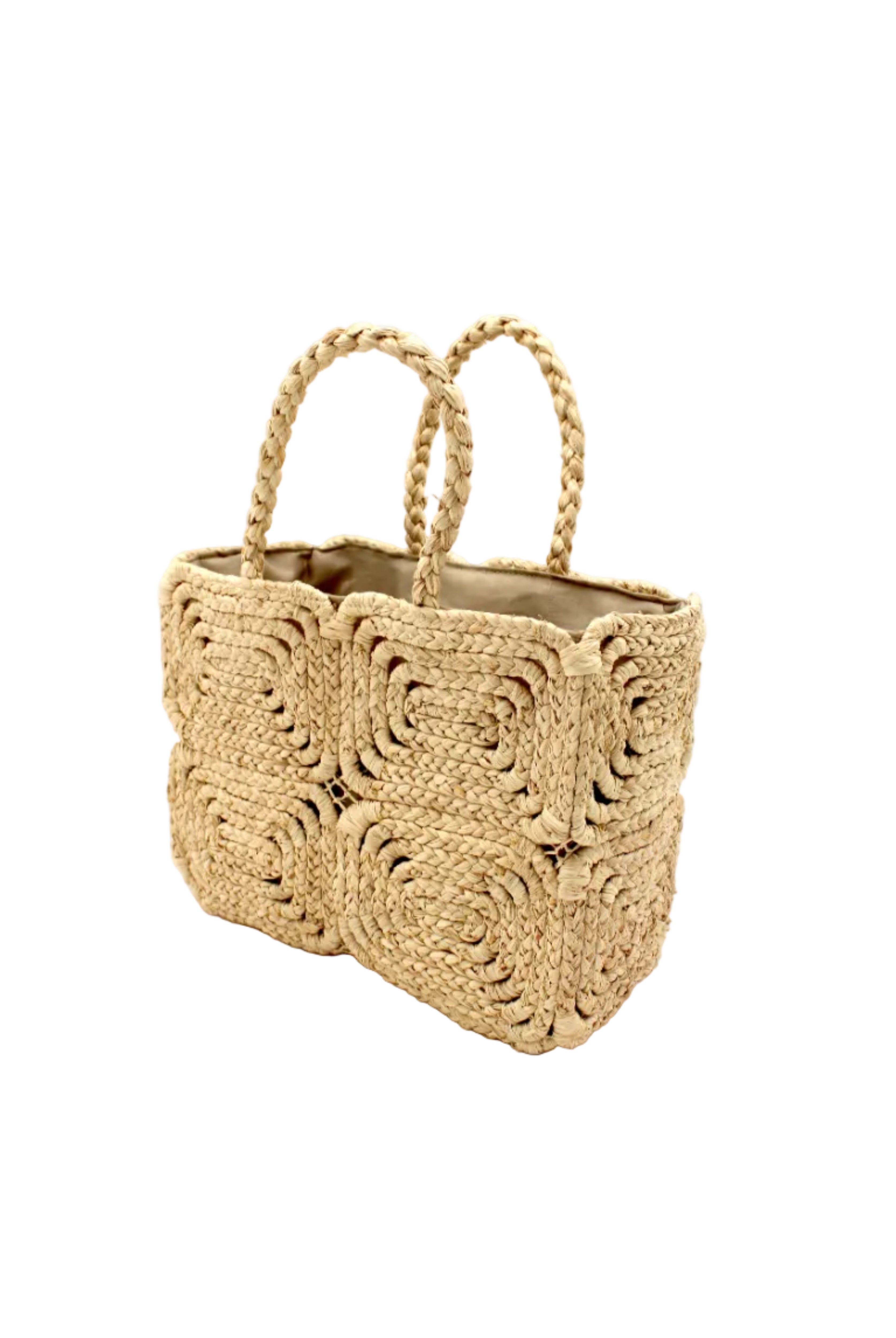 Side View Gemma Crochet Disc Rectangle Natural Straw Basket Handbag handmade woven raffia palm fiber in a solid hued pattern of natural straw color create a coiled braid disc pattern result in a star pattern around the bag with matching woven handles top handle bag - Shebobo