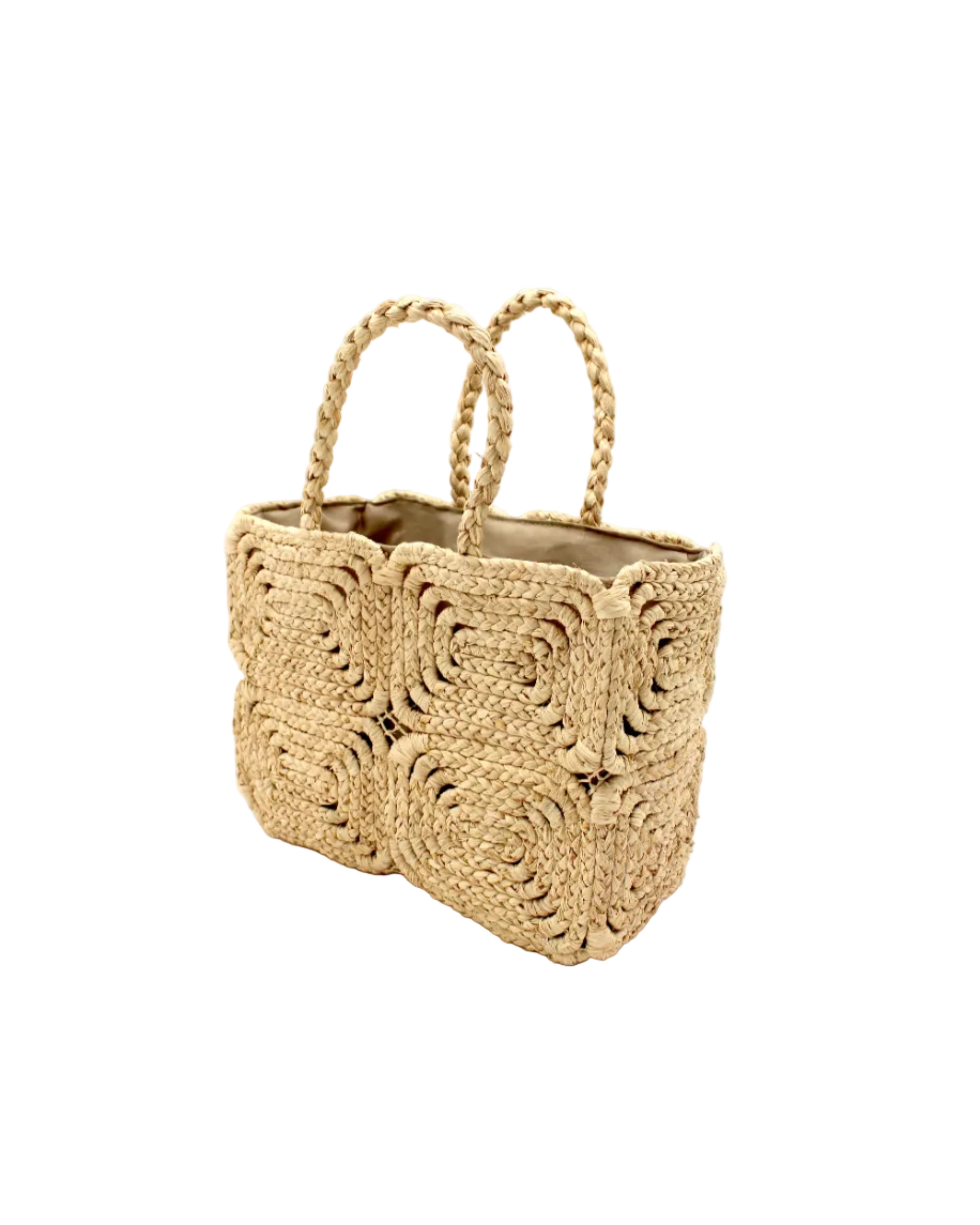 Side View Gemma Crochet Disc Rectangle Natural Straw Basket Handbag handmade woven raffia palm fiber in a solid hued pattern of natural straw color create a coiled braid disc pattern result in a star pattern around the bag with matching woven handles top handle bag - Shebobo