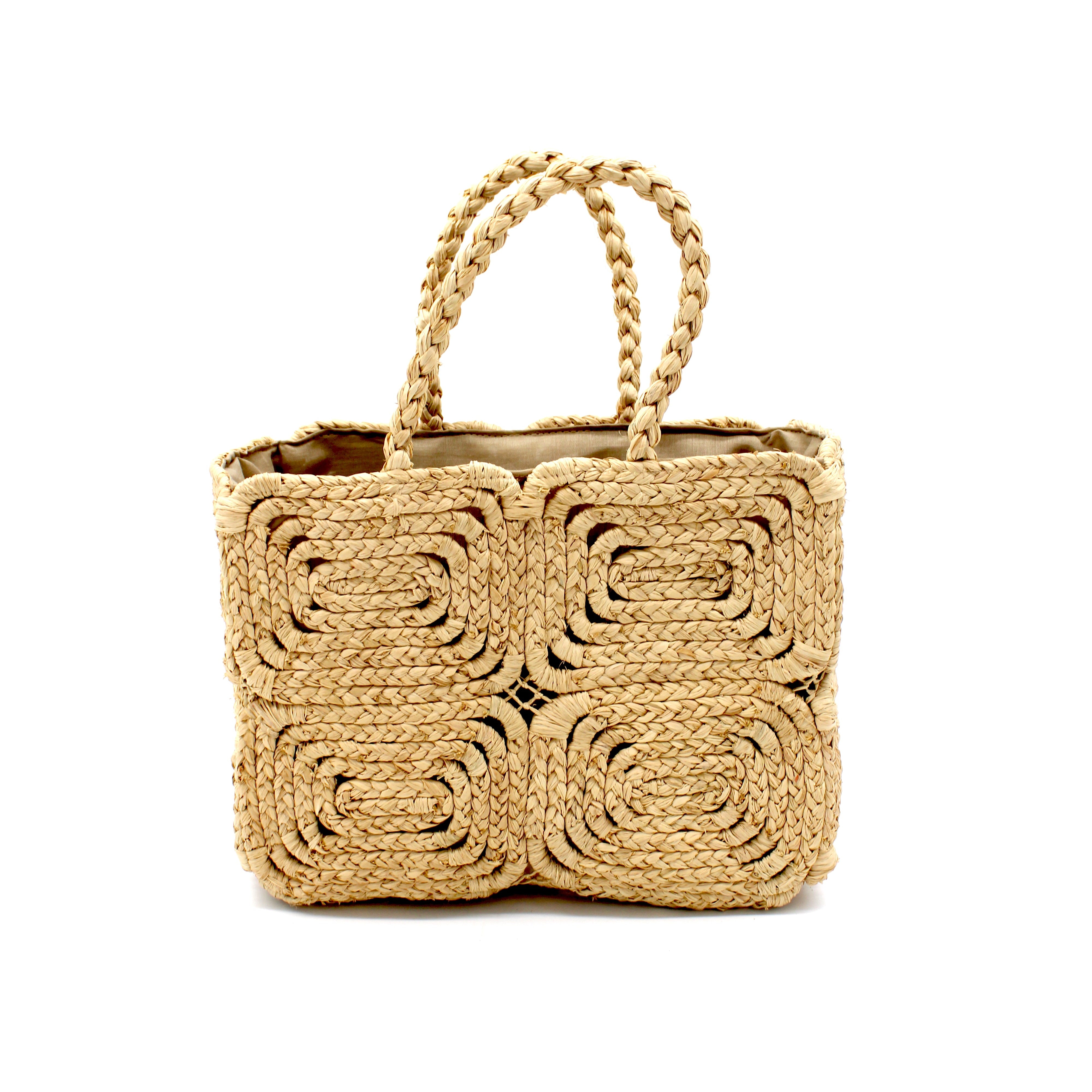 Gemma Crochet Disc Rectangle Natural Straw Basket Handbag handmade woven raffia palm fiber in a solid hued pattern of natural straw color create a coiled braid disc pattern result in a star pattern around the bag with matching woven handles top handle bag - Shebobo