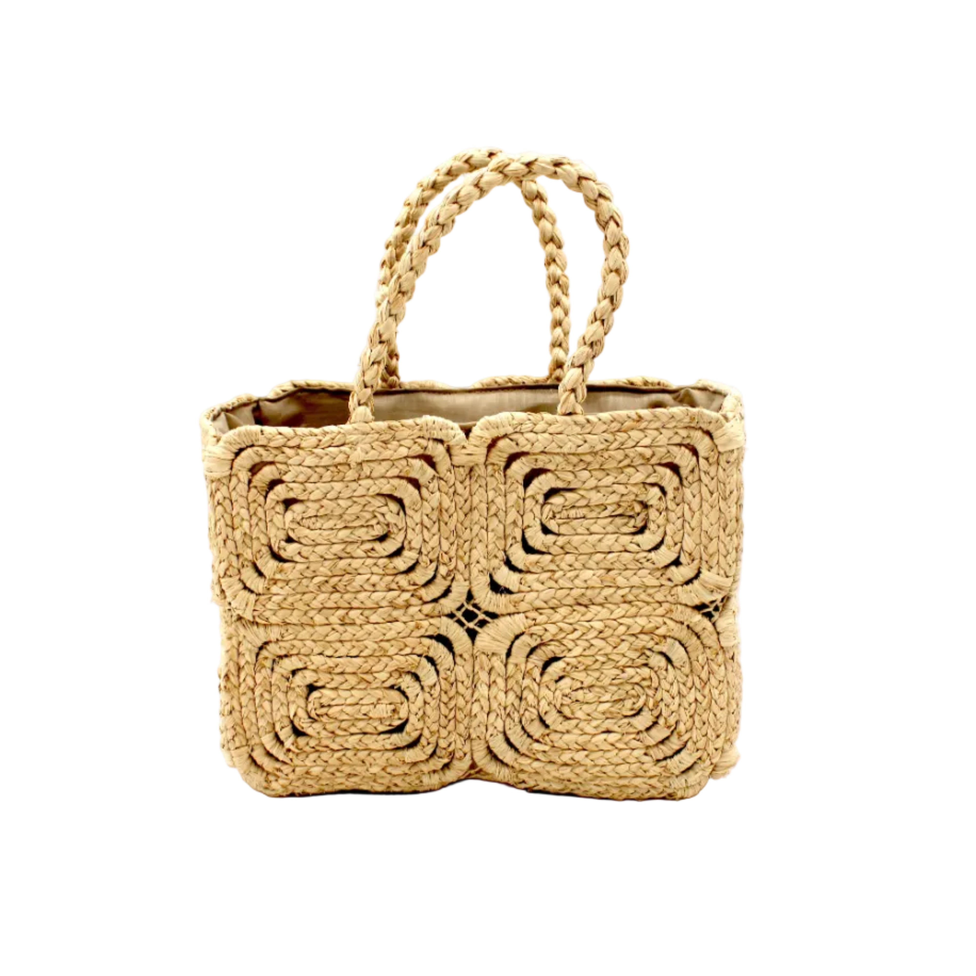 Gemma Crochet Disc Rectangle Natural Straw Basket Handbag handmade woven raffia palm fiber in a solid hued pattern of natural straw color create a coiled braid disc pattern result in a star pattern around the bag with matching woven handles top handle bag - Shebobo
