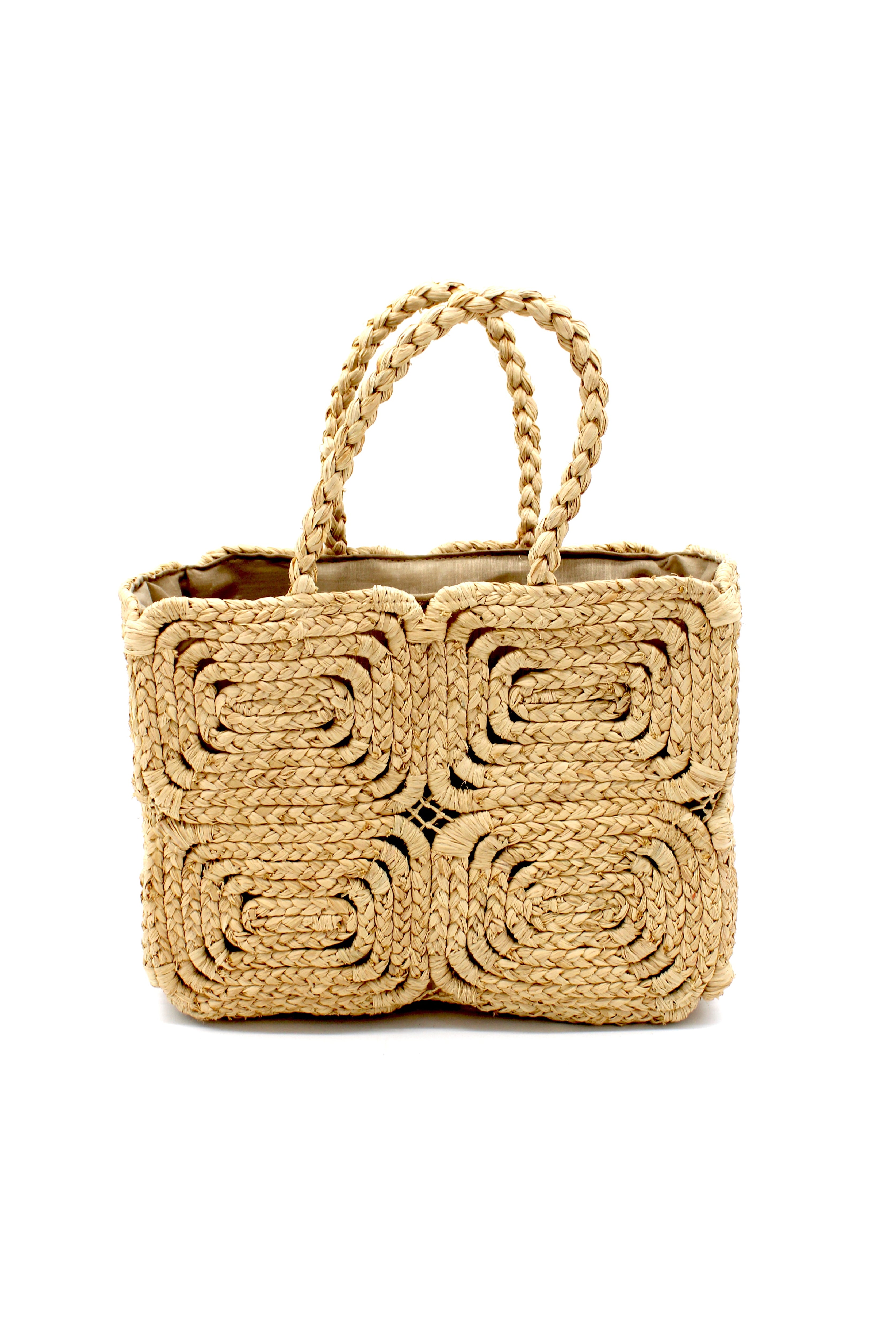 Gemma Crochet Disc Rectangle Natural Straw Basket Handbag handmade woven raffia palm fiber in a solid hued pattern of natural straw color create a coiled braid disc pattern result in a star pattern around the bag with matching woven handles top handle bag - Shebobo