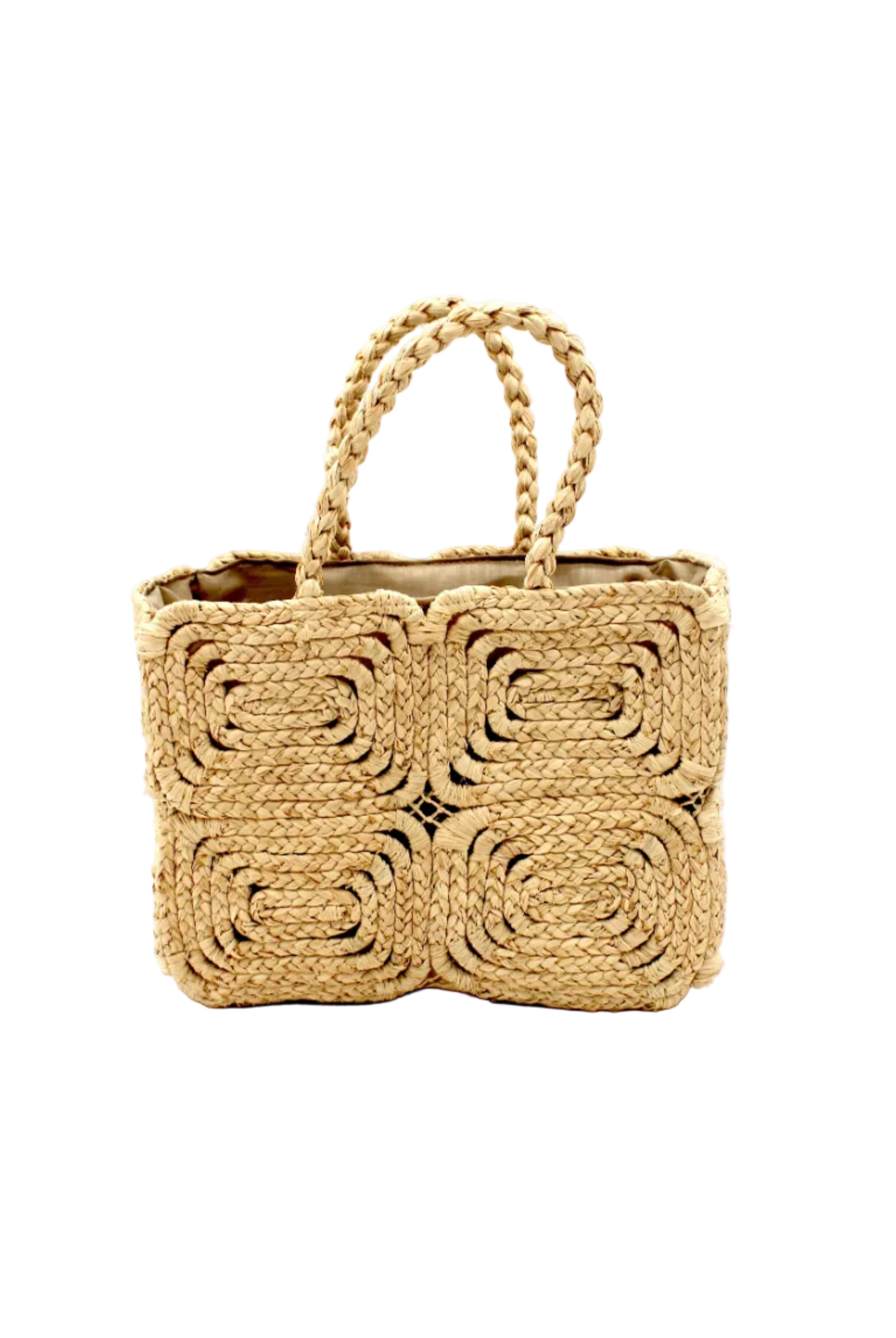 Gemma Crochet Disc Rectangle Natural Straw Basket Handbag handmade woven raffia palm fiber in a solid hued pattern of natural straw color create a coiled braid disc pattern result in a star pattern around the bag with matching woven handles top handle bag - Shebobo