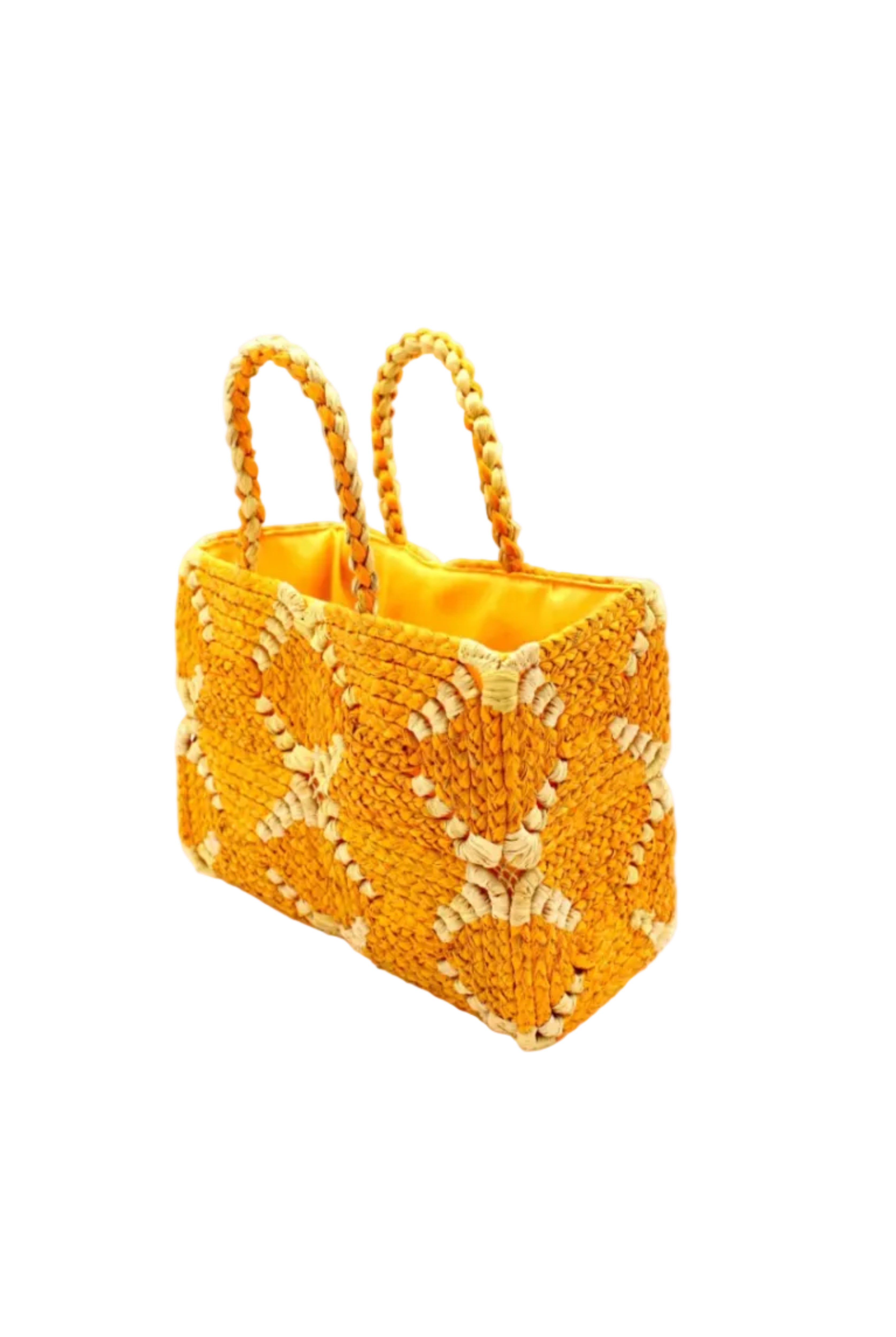 Side view Gemma Crochet Disc Rectangle Saffron and Butter Straw Basket Handbag handmade woven raffia palm fiber in a two tone multicolor pattern of saffron yellow/orange and butter light yellow create a coiled braid disc pattern result in a star pattern around the bag with matching woven handles top handle bag - Shebobo