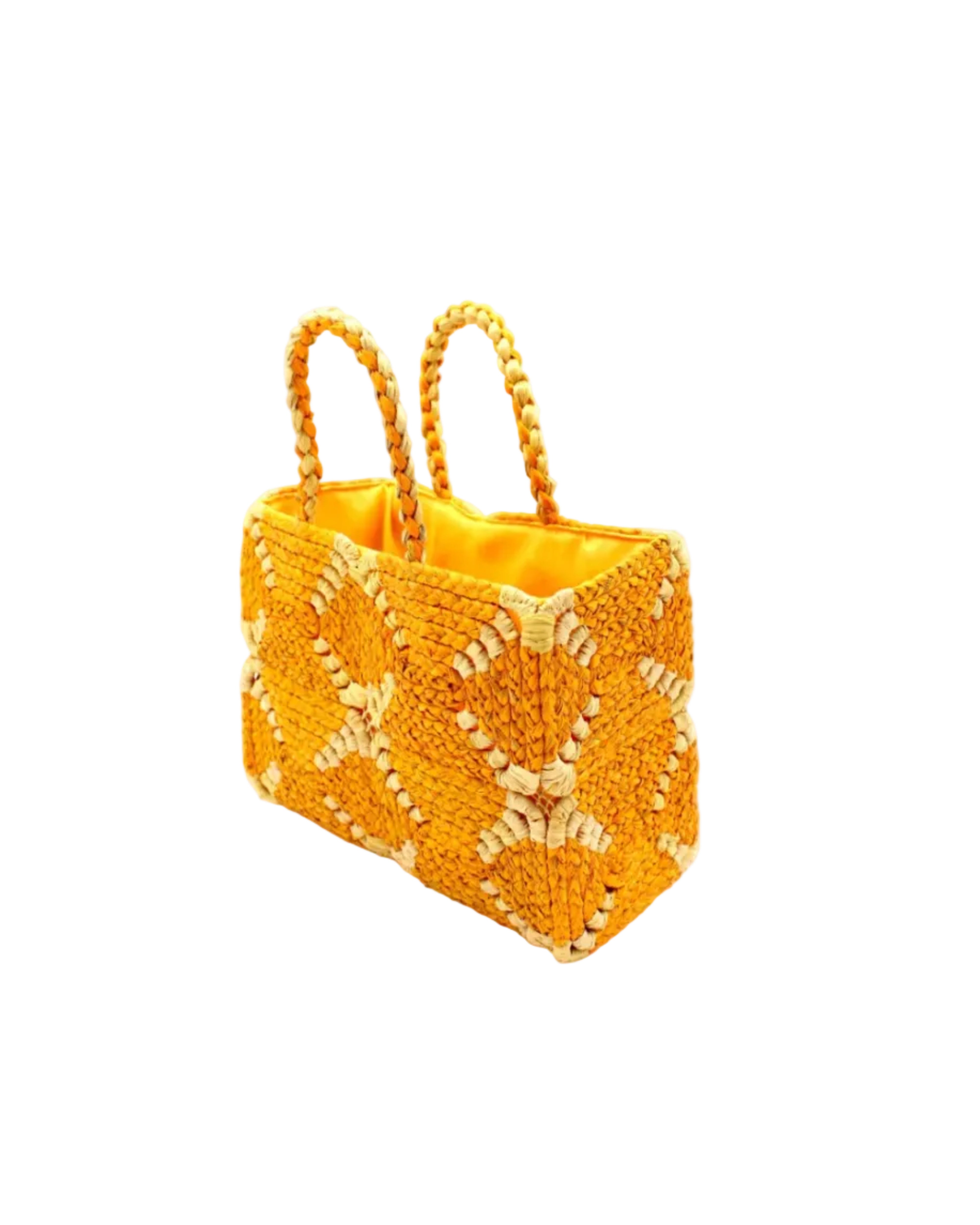 Side view Gemma Crochet Disc Rectangle Saffron and Butter Straw Basket Handbag handmade woven raffia palm fiber in a two tone multicolor pattern of saffron yellow/orange and butter light yellow create a coiled braid disc pattern result in a star pattern around the bag with matching woven handles top handle bag - Shebobo