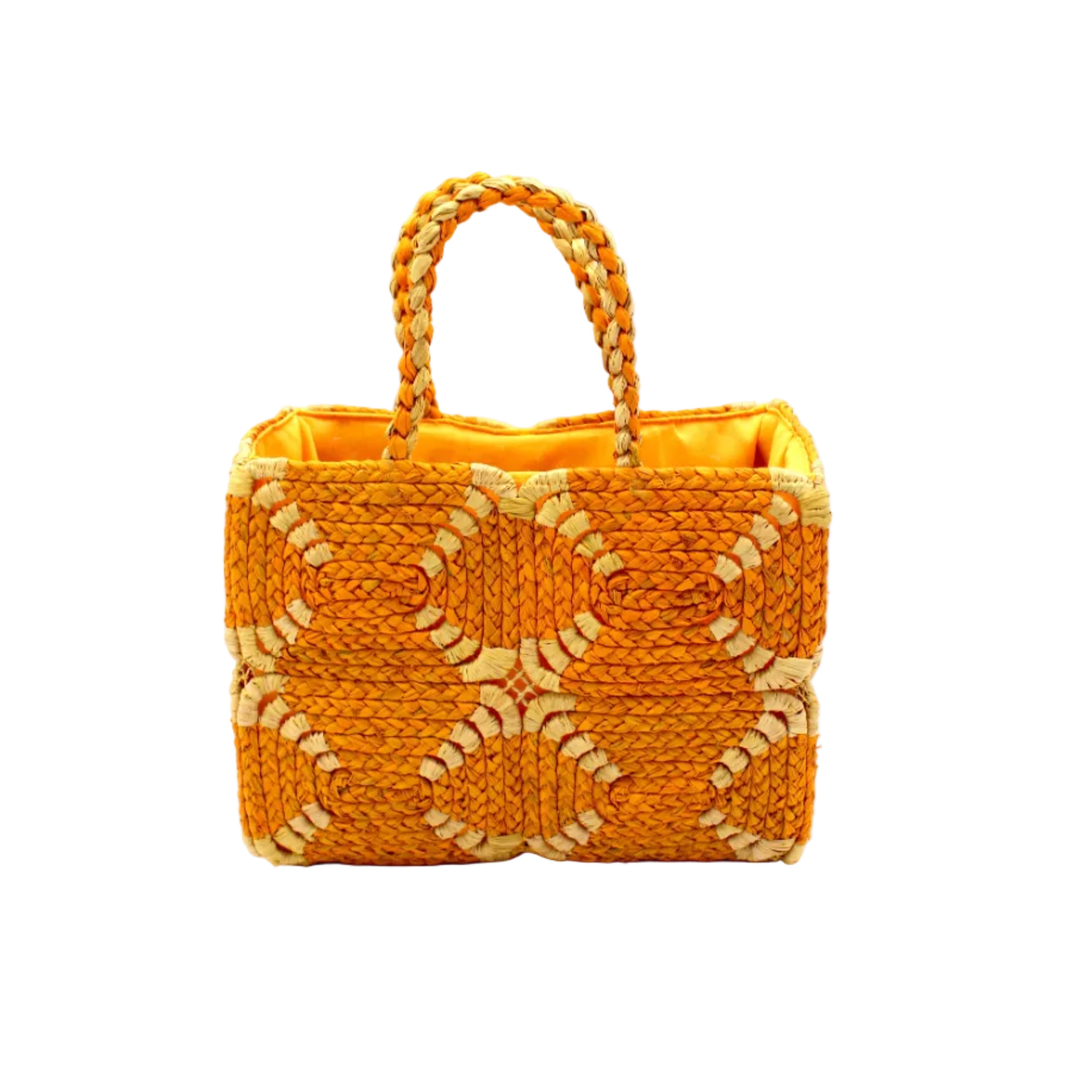 Gemma Crochet Disc Rectangle Saffron and Butter Straw Basket Handbag handmade woven raffia palm fiber in a two tone multicolor pattern of saffron yellow/orange and butter light yellow create a coiled braid disc pattern result in a star pattern around the bag with matching woven handles top handle bag - Shebobo