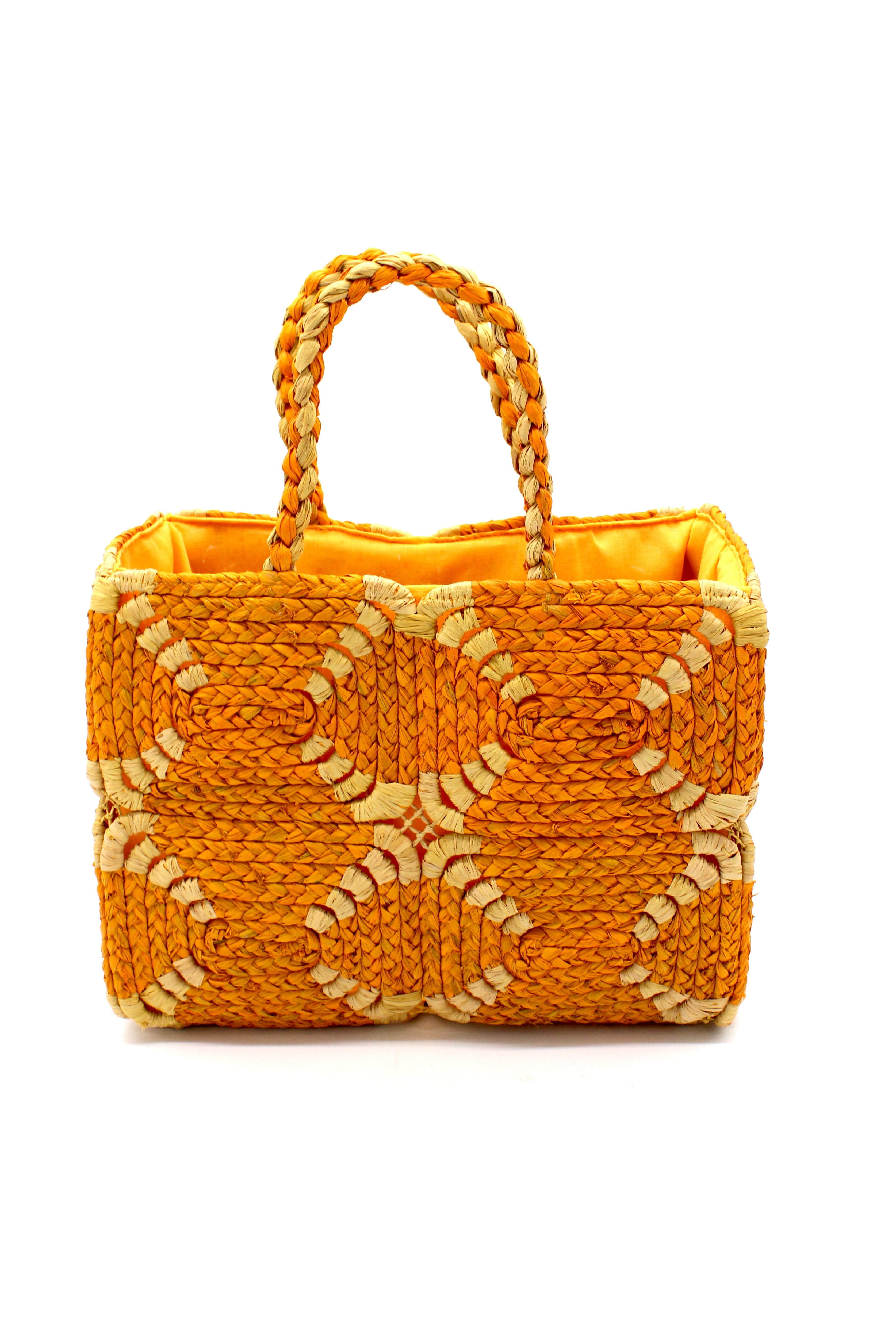 Gemma Crochet Disc Rectangle Saffron and Butter Straw Basket Handbag handmade woven raffia palm fiber in a two tone multicolor pattern of saffron yellow/orange and butter light yellow create a coiled braid disc pattern result in a star pattern around the bag with matching woven handles top handle bag - Shebobo