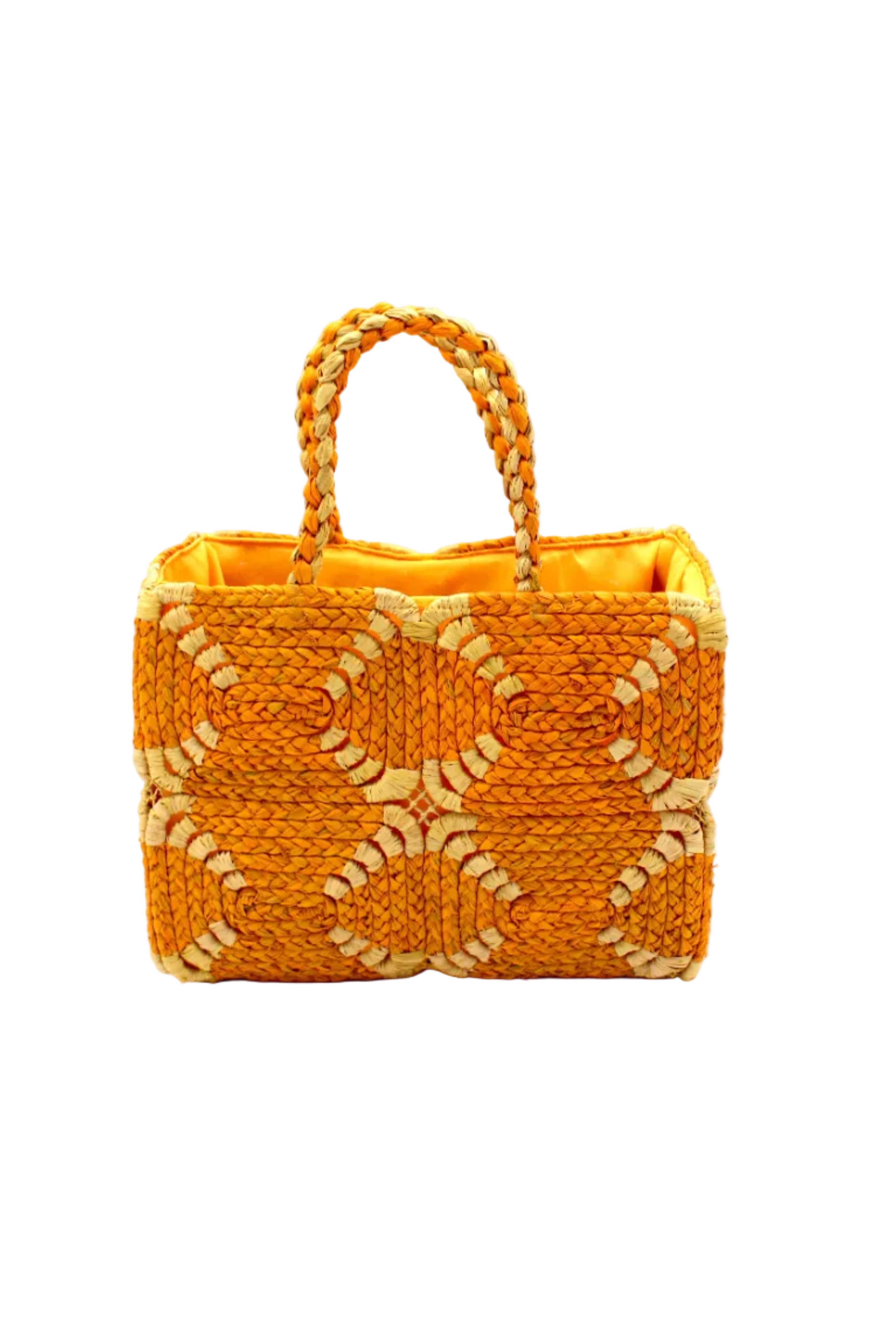 Gemma Crochet Disc Rectangle Saffron and Butter Straw Basket Handbag handmade woven raffia palm fiber in a two tone multicolor pattern of saffron yellow/orange and butter light yellow create a coiled braid disc pattern result in a star pattern around the bag with matching woven handles top handle bag - Shebobo