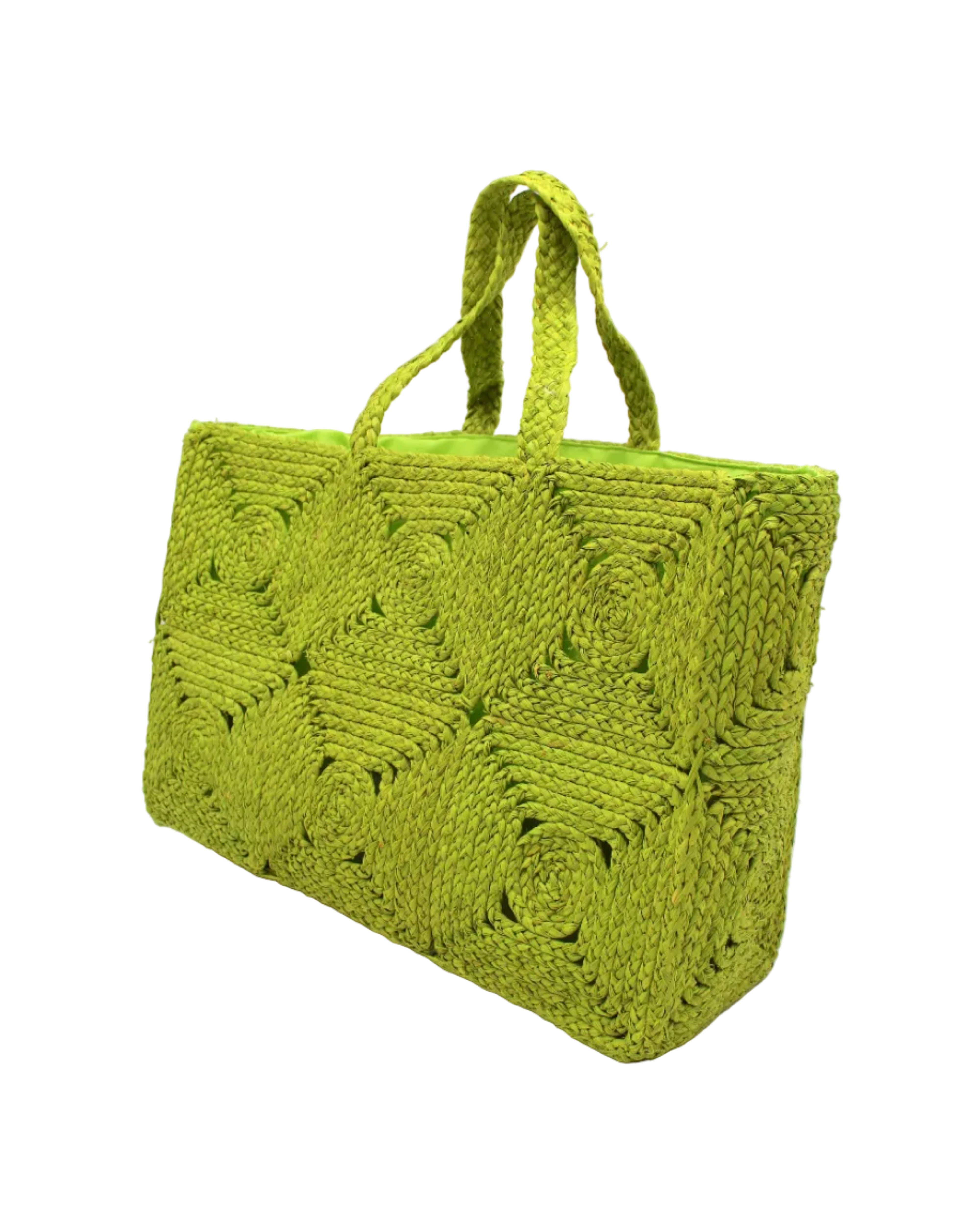 Side view Gemma Crochet Disc Rectangle Large Straw Basket Handbag handmade braided natural raffia palm fiber in a solid hue of midori bright/neon/lime/green with subtle square disc pattern around the outside of the bag in two horizontal bands of squares creating a geometric pattern and matching woven handles beach bag purse - Shebobo