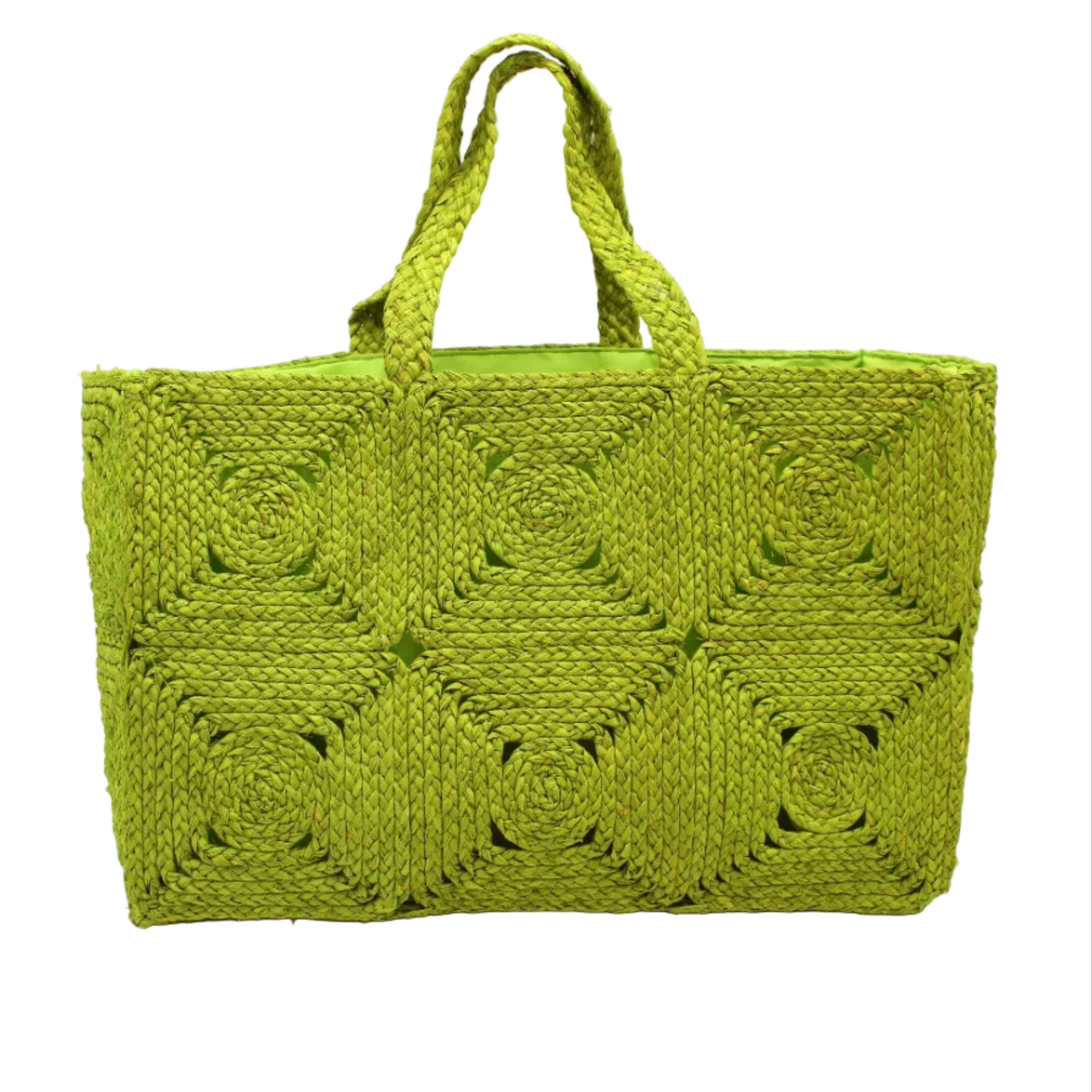 Gemma Crochet Disc Rectangle Large Straw Basket Handbag handmade braided natural raffia palm fiber in a solid hue of midori bright/neon/lime/green with subtle square disc pattern around the outside of the bag in two horizontal bands of squares creating a geometric pattern and matching woven handles beach bag purse - Shebobo